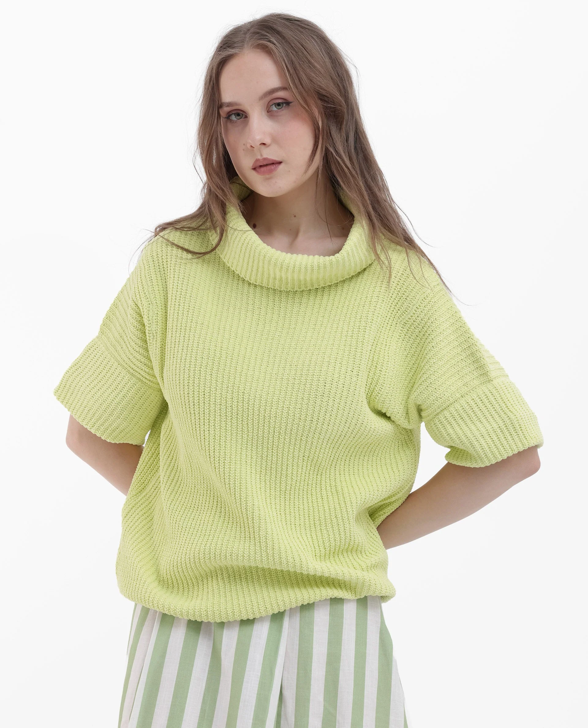 Rareism Women's Daffy 1 Flouroscent Yellow Cotton High Neck Plain Relaxed Fit Sweater - Image 6