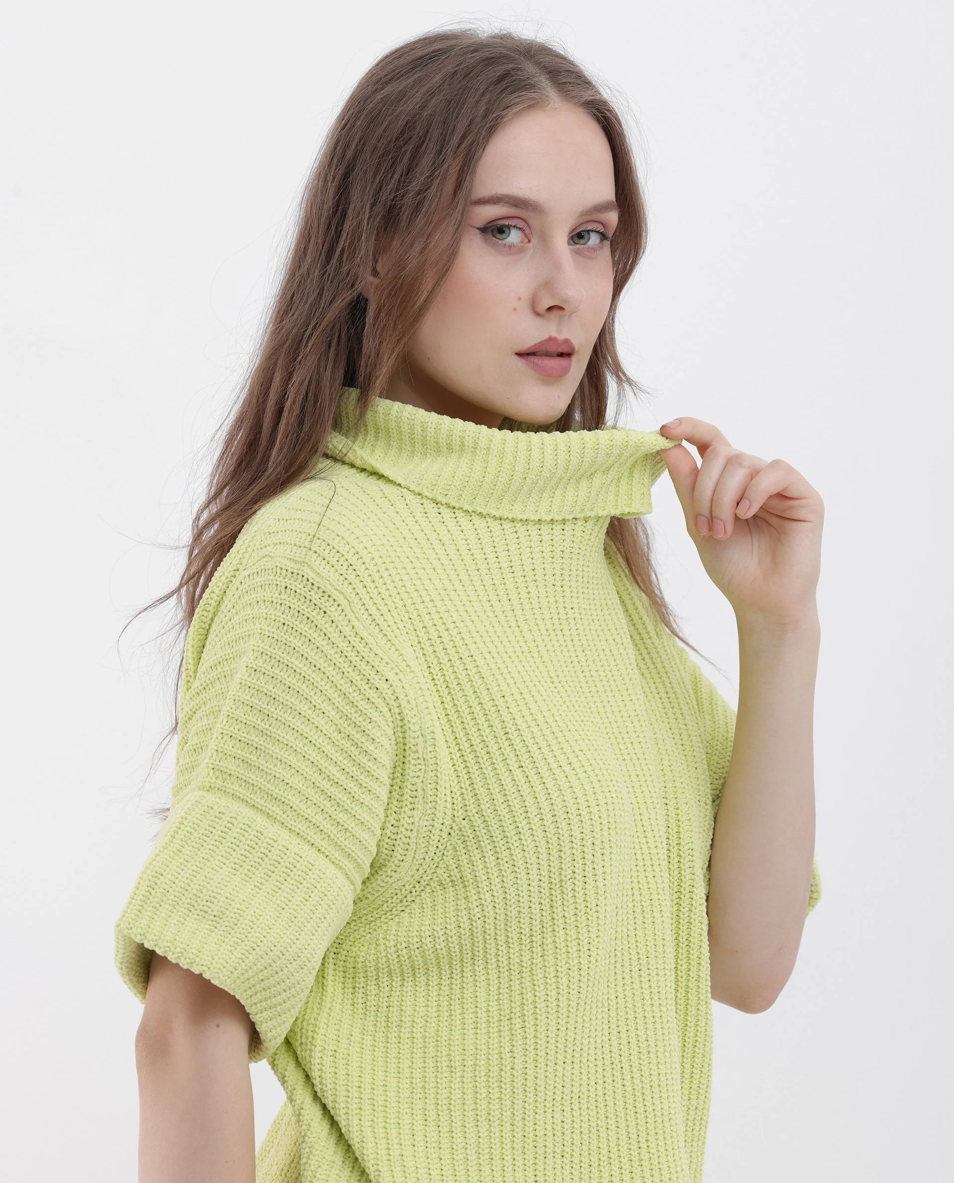 Rareism Women's Daffy 1 Flouroscent Yellow Cotton High Neck Plain Relaxed Fit Sweater - Image 8