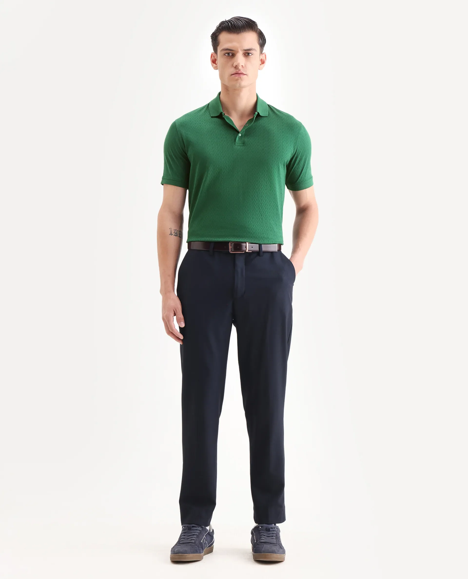 Rare Rabbit Men's Dafo Green Cotton Jacquard Regular Fit Half Sleeve Polo - Image 2