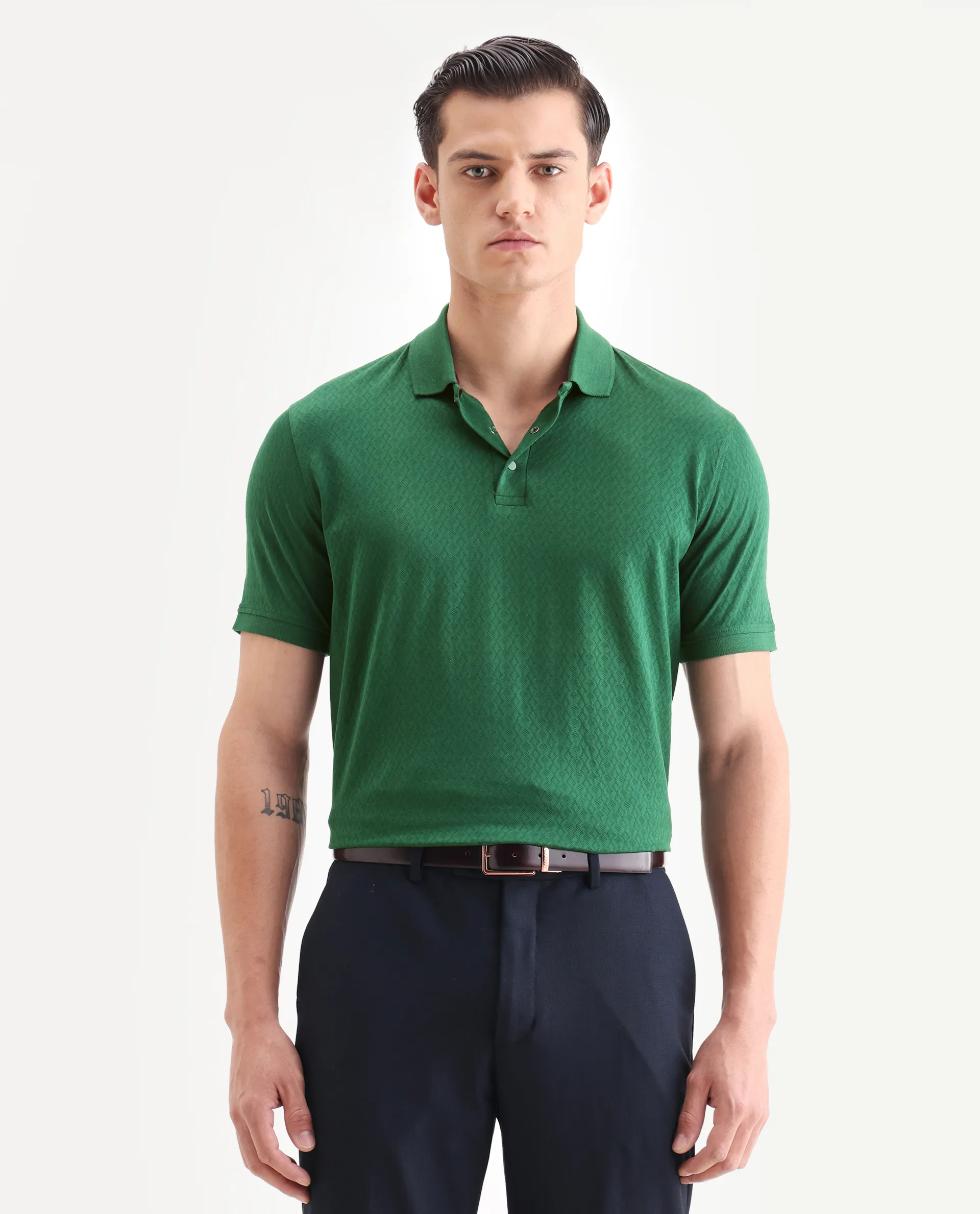 Rare Rabbit Men's Dafo Green Cotton Jacquard Regular Fit Half Sleeve Polo - Image 3