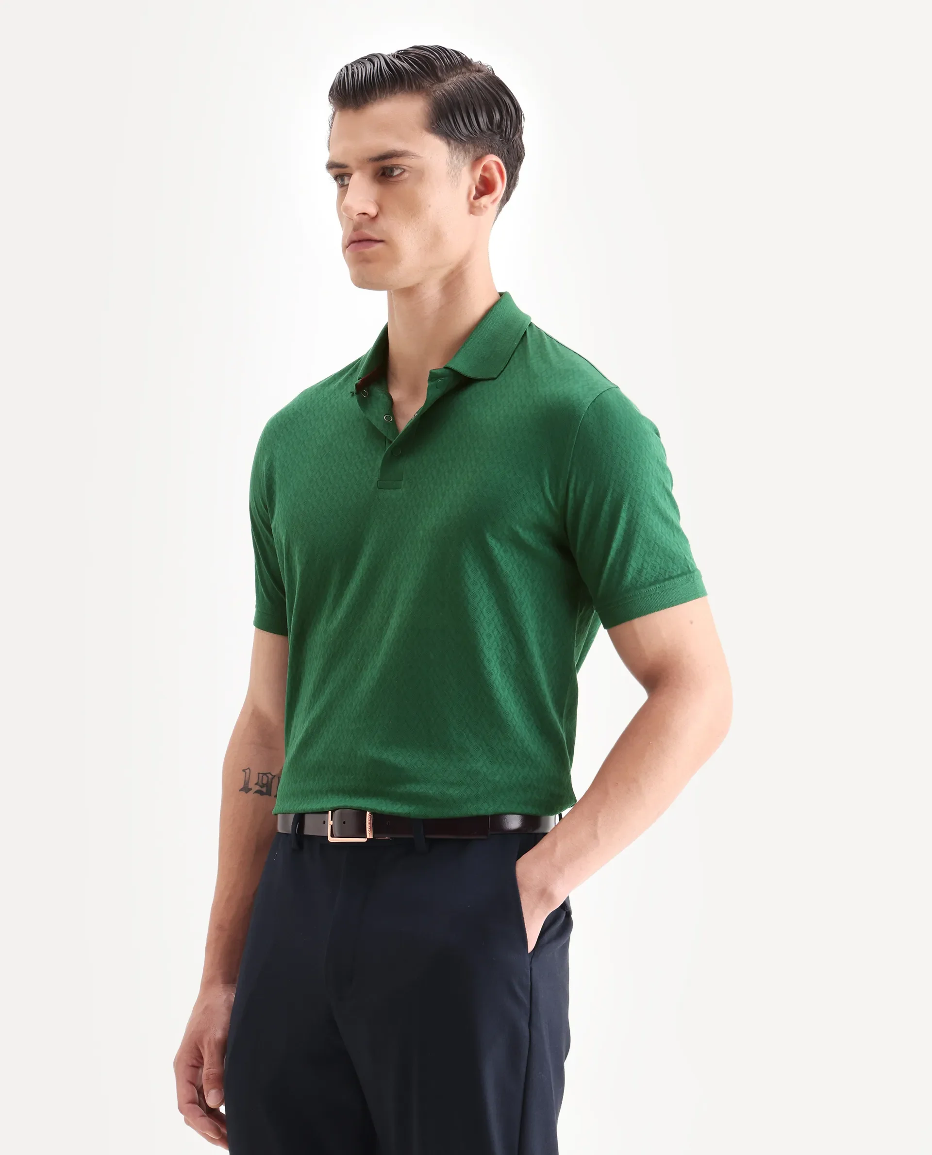 Rare Rabbit Men's Dafo Green Cotton Jacquard Regular Fit Half Sleeve Polo - Image 4