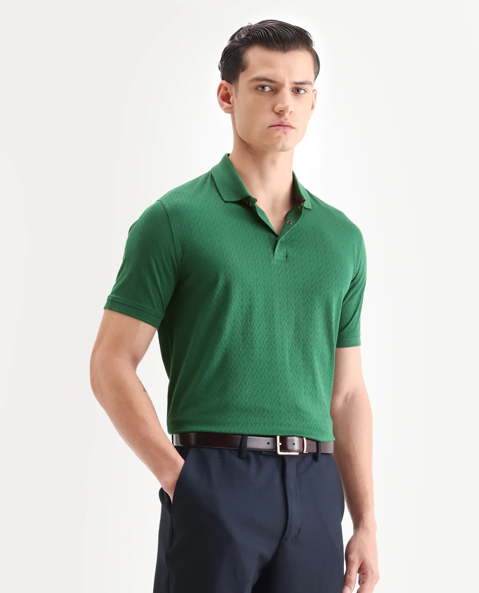 Rare Rabbit Men's Dafo Green Cotton Jacquard Regular Fit Half Sleeve Polo - Image 5