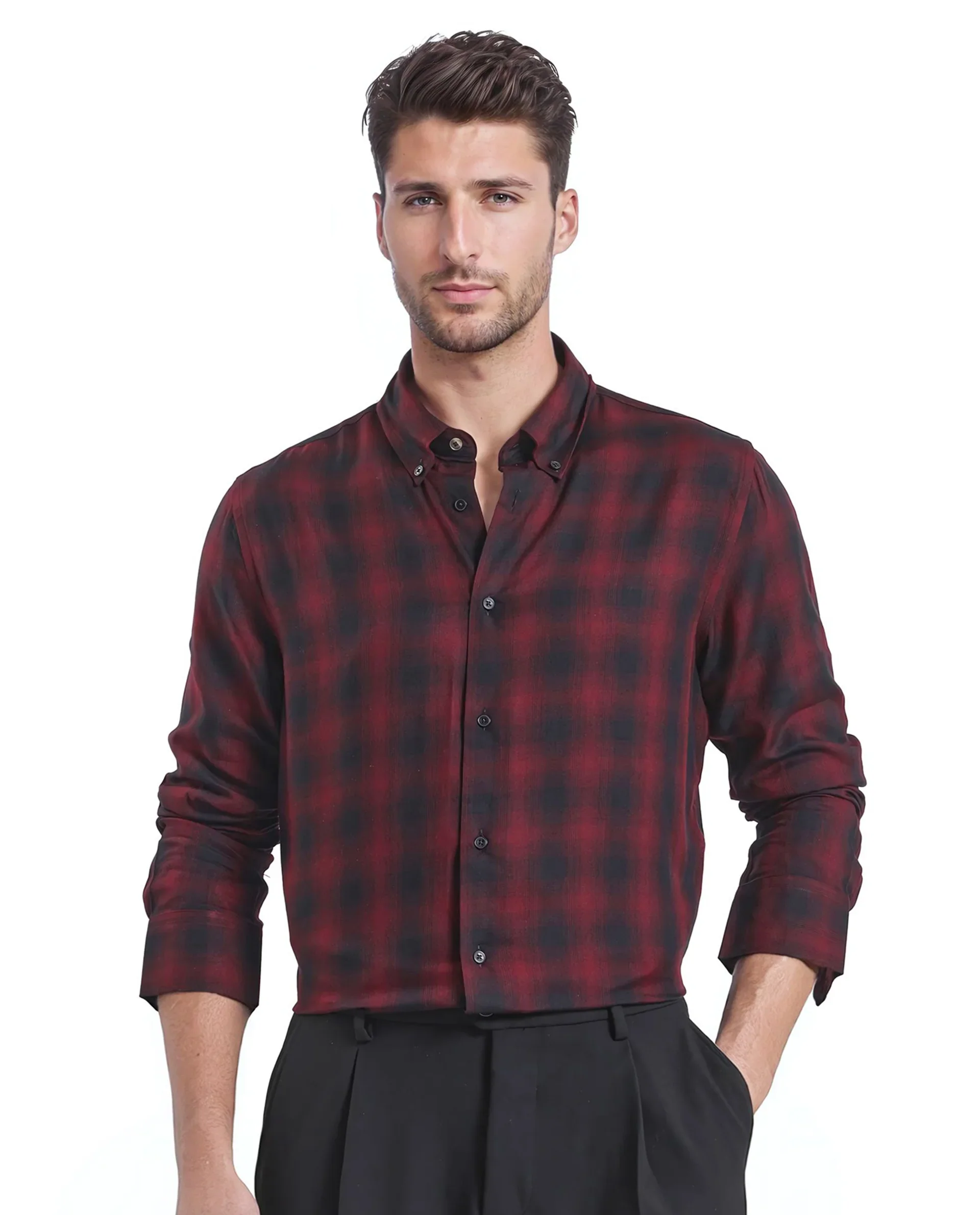 Rare Rabbit Men's Dahme Maroon Checked Print Regular Fit Full Sleeve Button-Down Collar Shirt