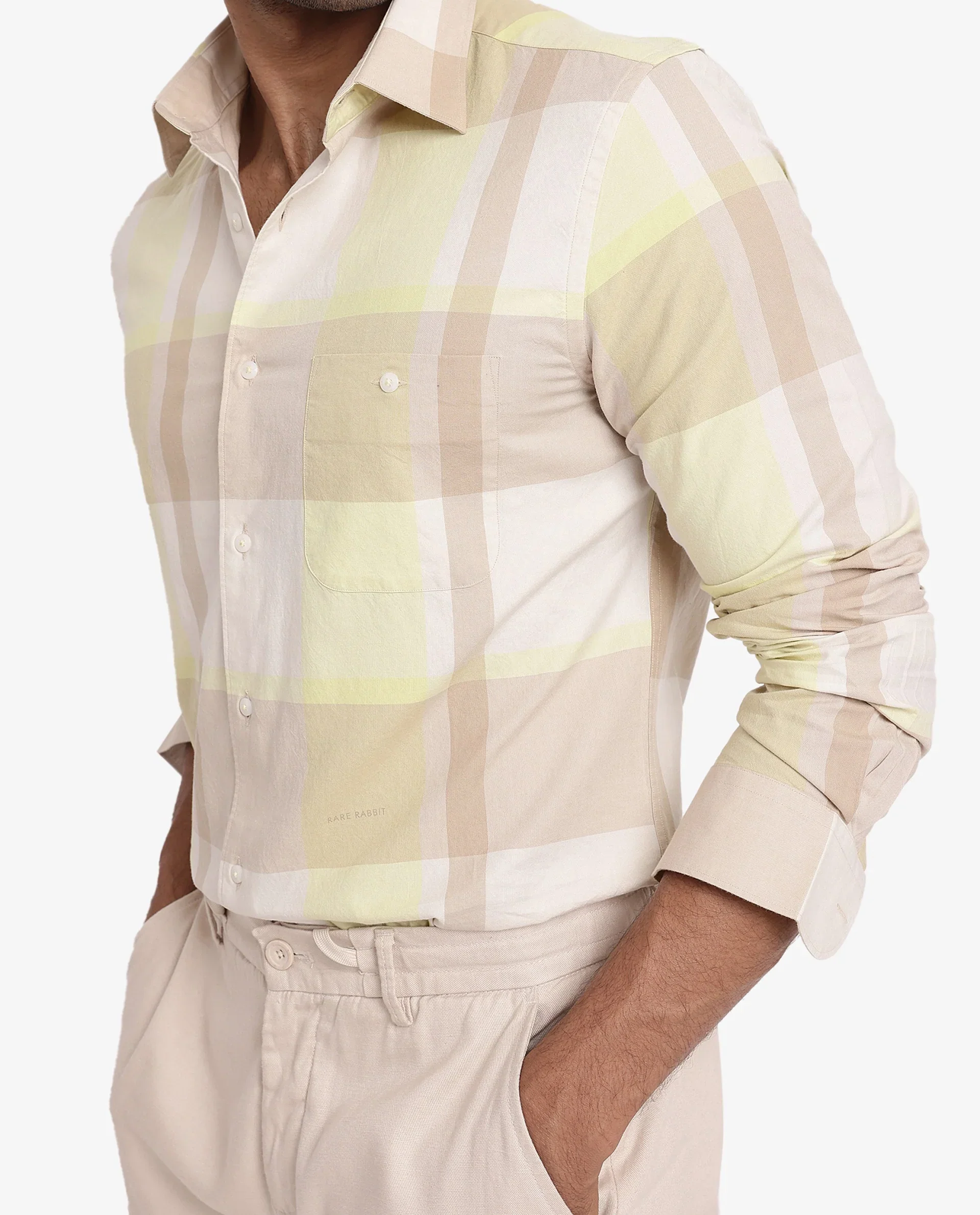 Rare Rabbit Men's Daio Light Green Cotton Checked Print Regular Fit Full Sleeve Collared Shirt - Image 3