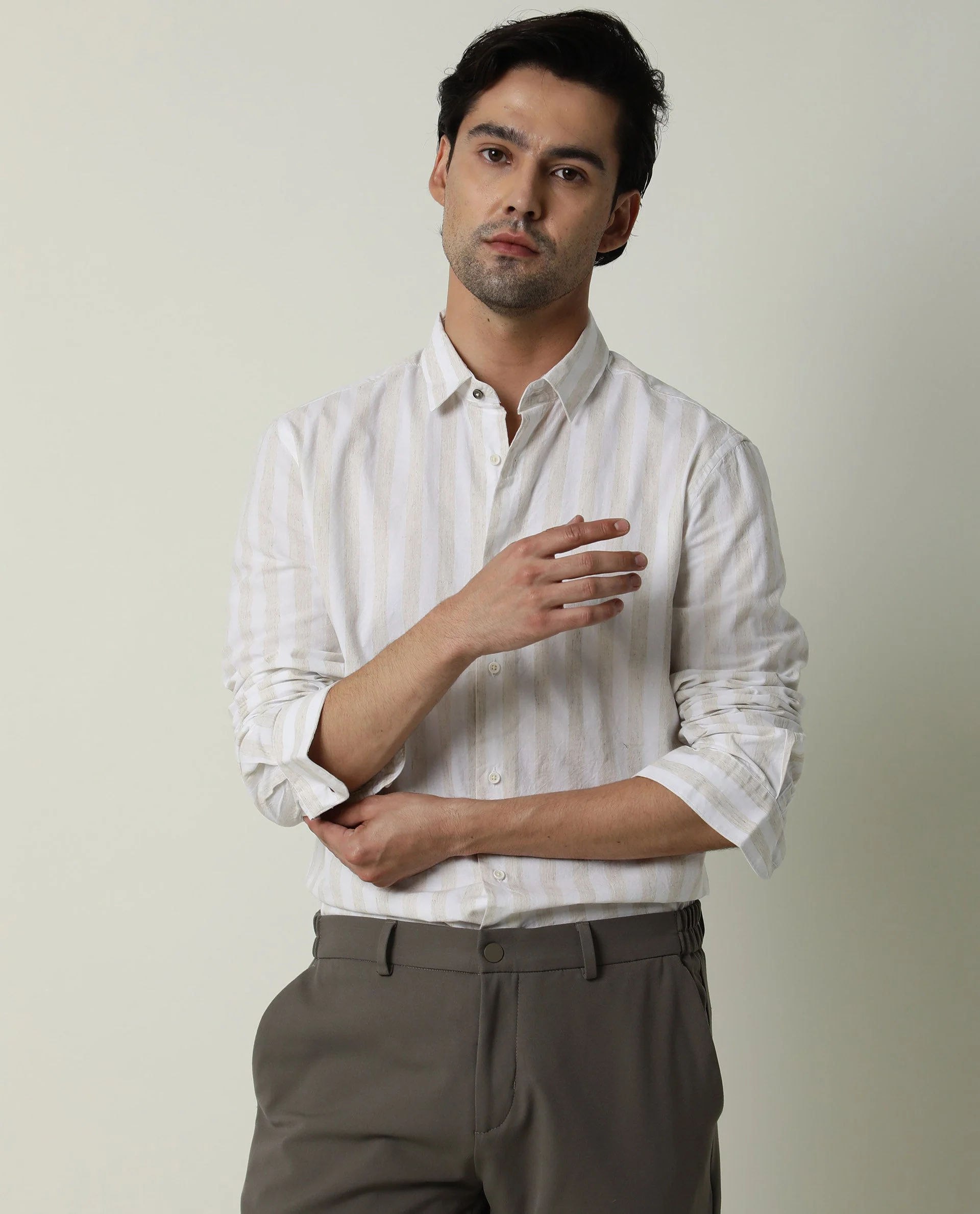 Rare Rabbit Men's Dal Beige Cotton Striped Print Regular Fit Full Sleeve Spread Collar Shirt