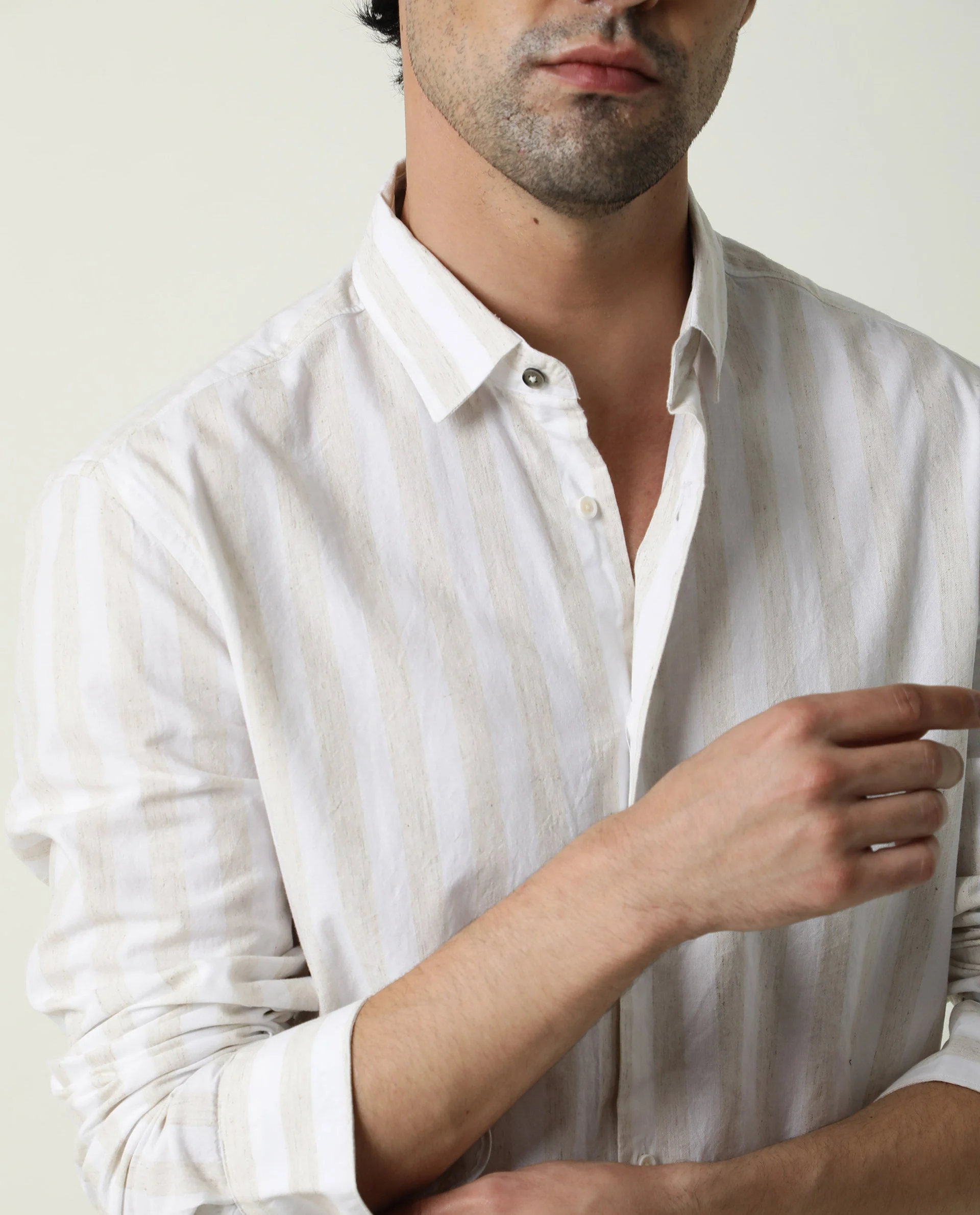 Rare Rabbit Men's Dal Beige Cotton Striped Print Regular Fit Full Sleeve Spread Collar Shirt - Image 3