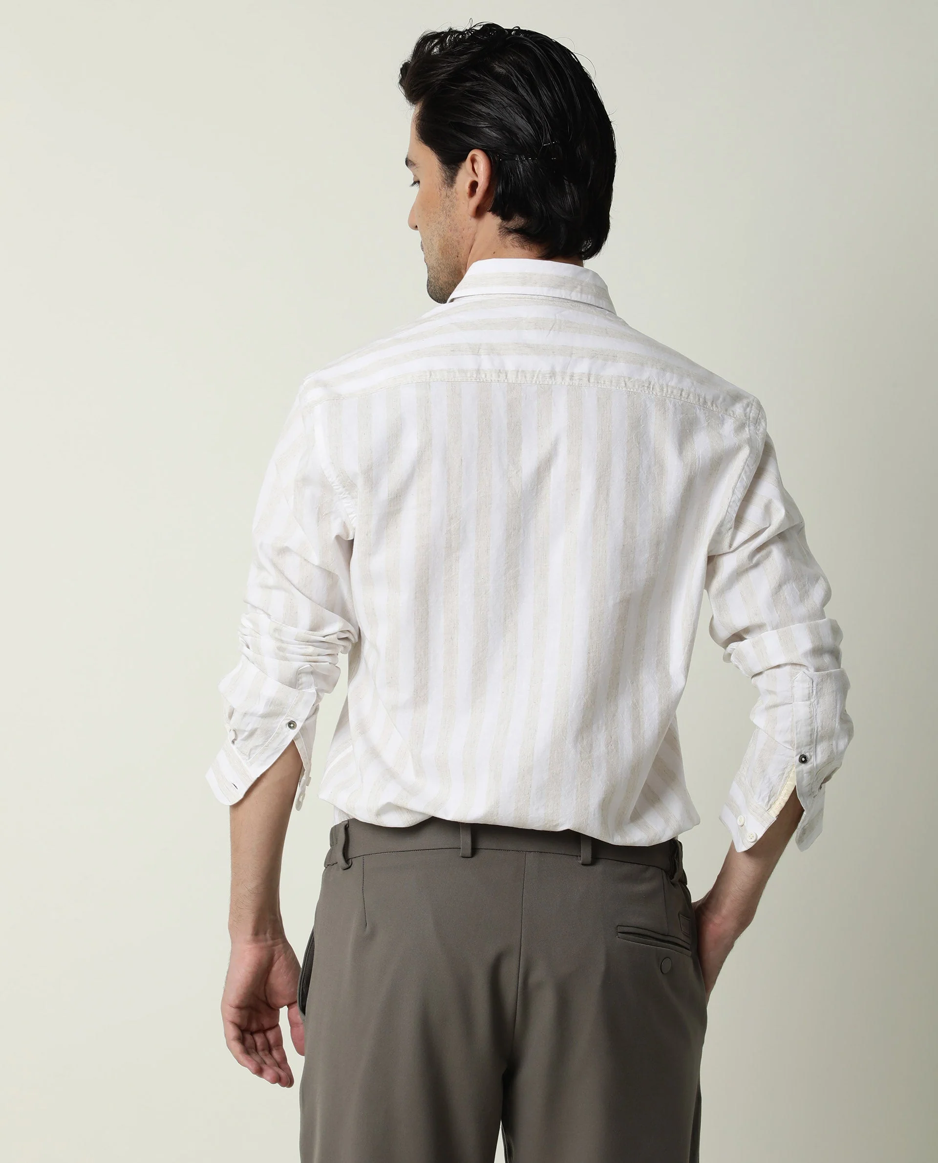 Rare Rabbit Men's Dal Beige Cotton Striped Print Regular Fit Full Sleeve Spread Collar Shirt - Image 6