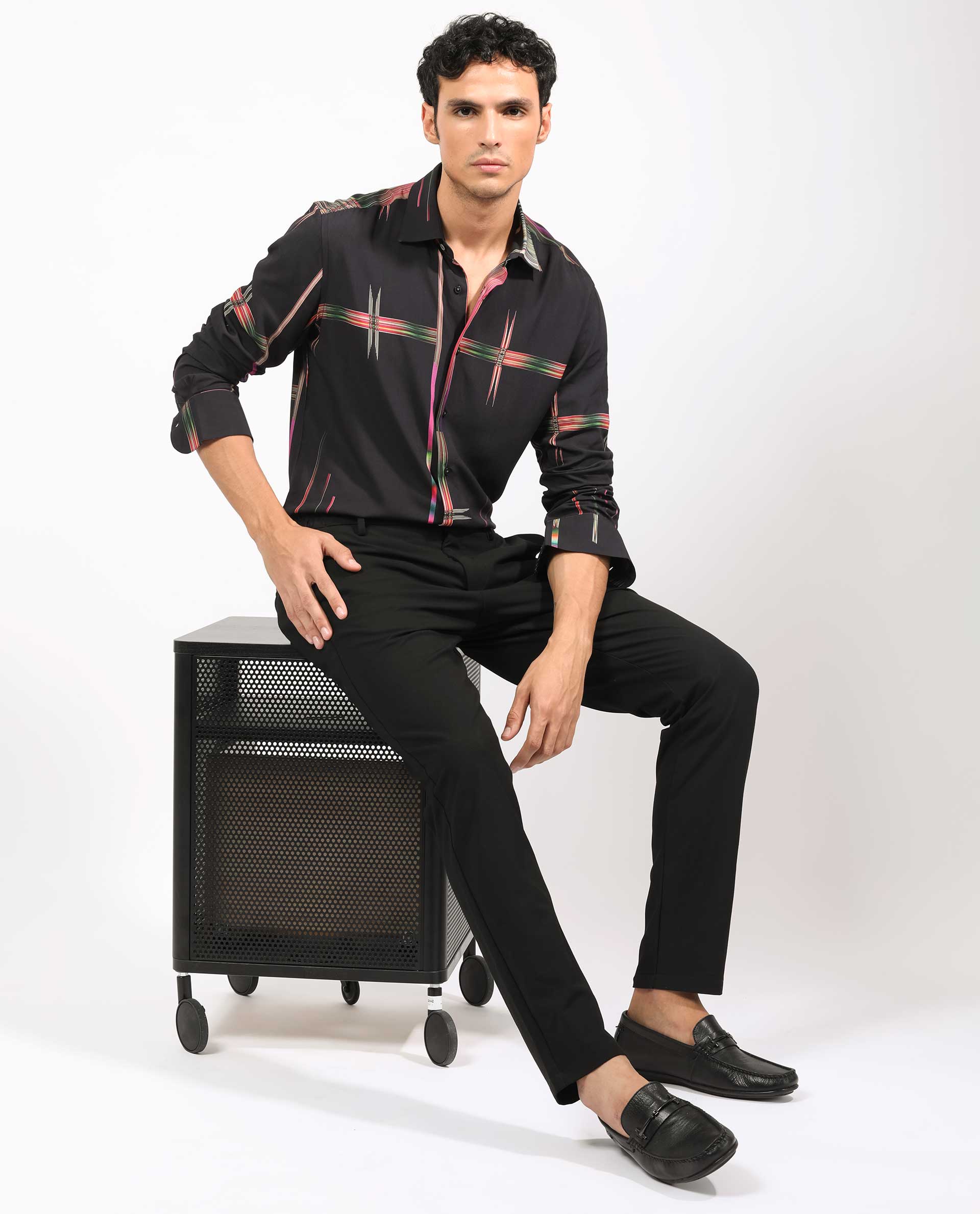 Rare Rabbit Men's Dale Black Viscose Abstract Print Regular Fit Full Sleeve Collared Shirt - Image 2