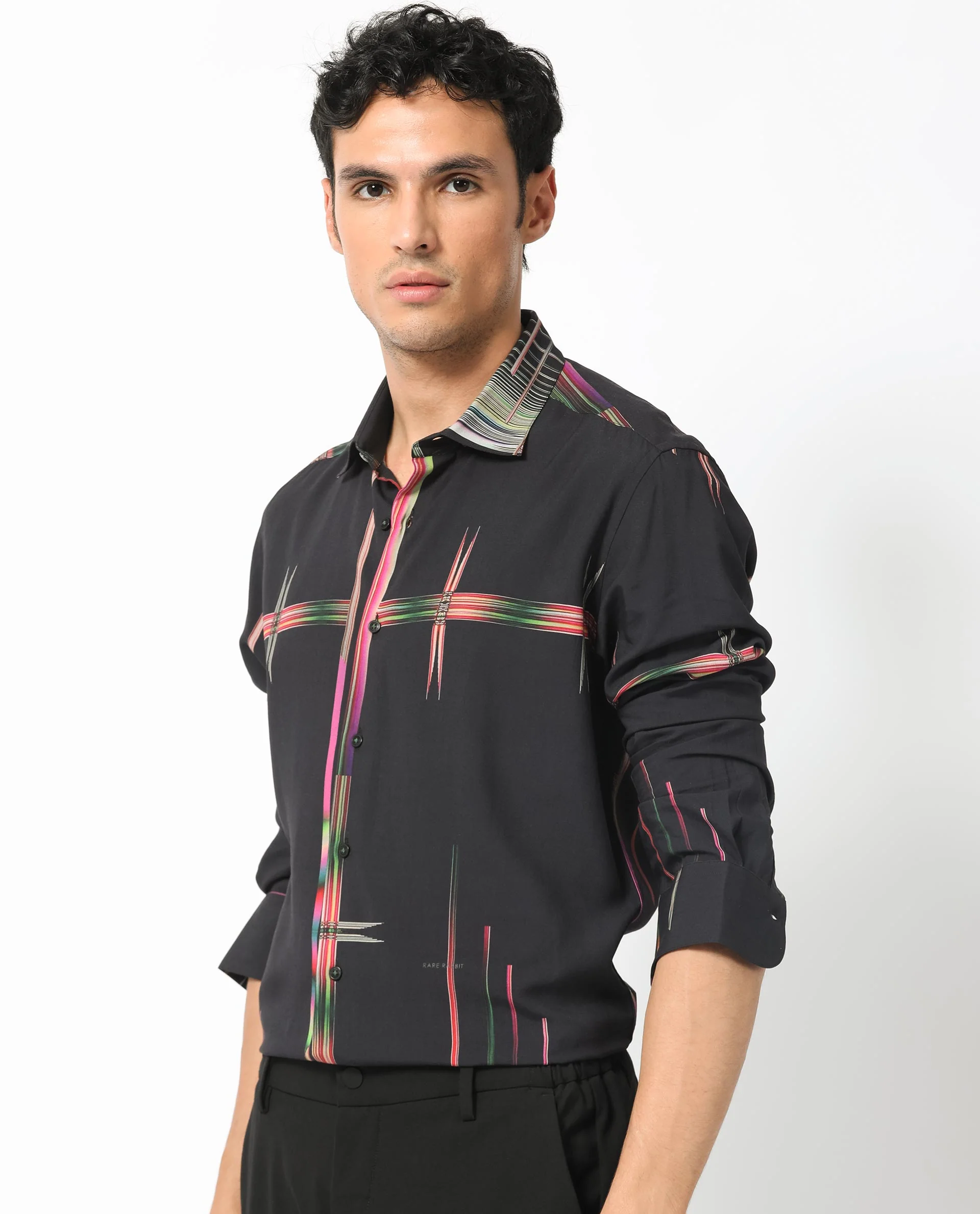 Rare Rabbit Men's Dale Black Viscose Abstract Print Regular Fit Full Sleeve Collared Shirt - Image 4