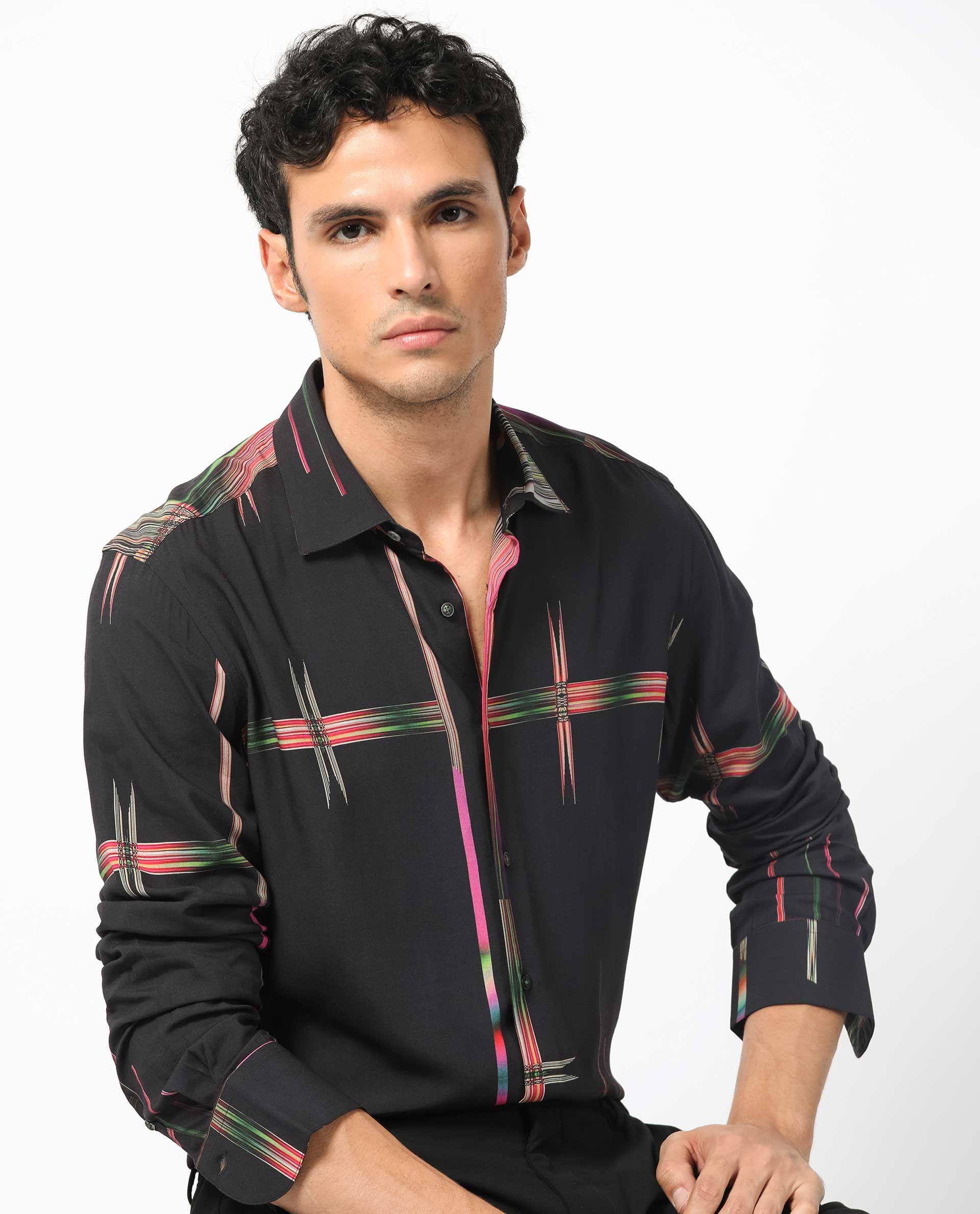 Rare Rabbit Men's Dale Black Viscose Abstract Print Regular Fit Full Sleeve Collared Shirt - Image 7