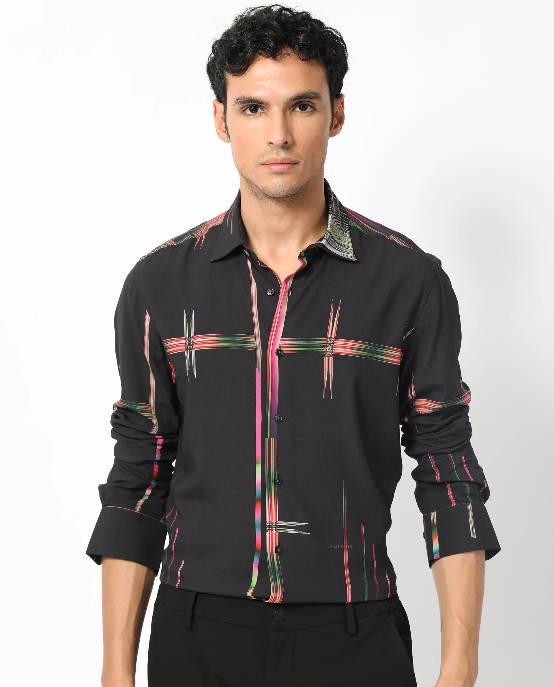 Rare Rabbit Men's Dale Black Viscose Abstract Print Regular Fit Full Sleeve Collared Shirt - Image 9