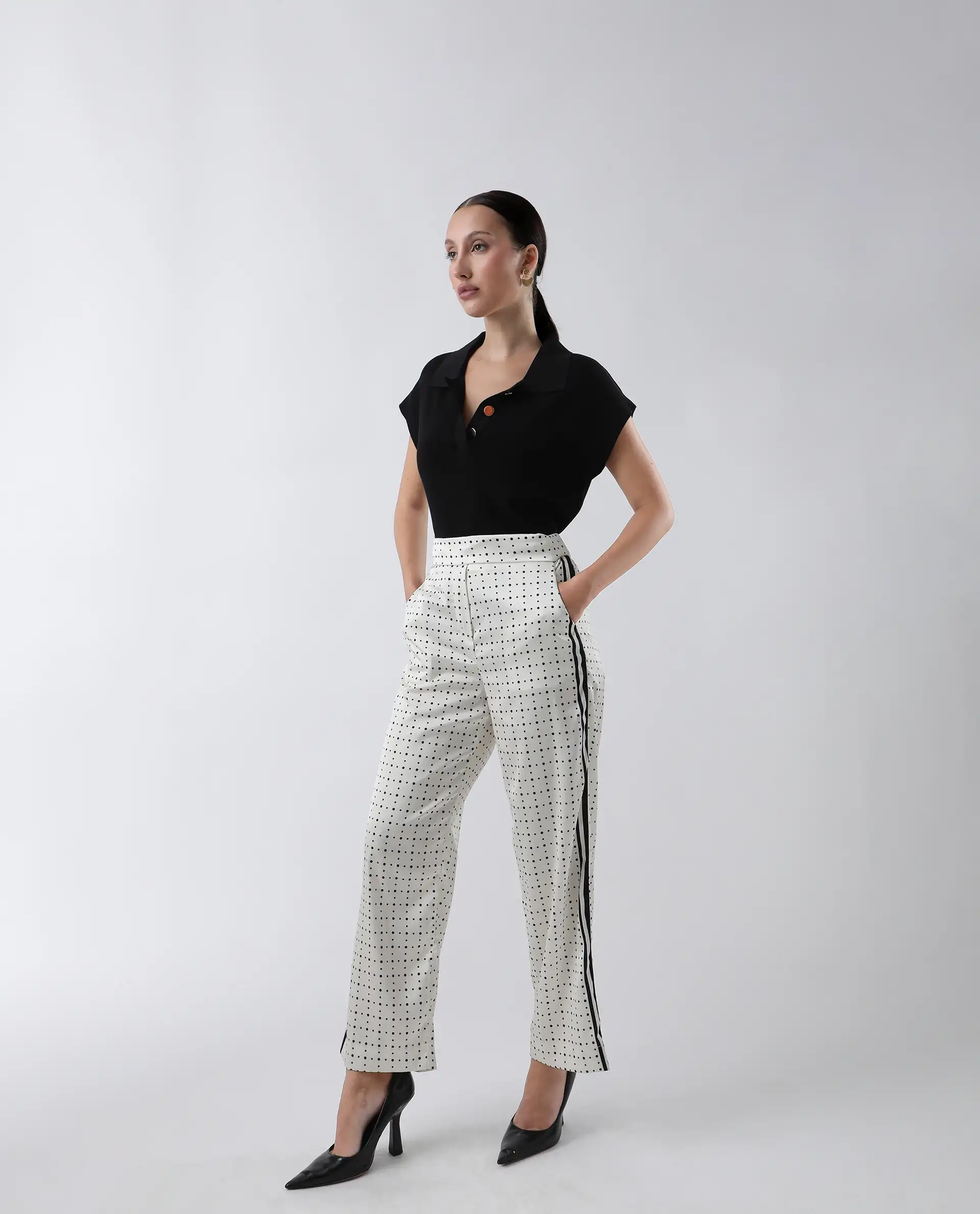 Rareism Women's Dales Beige Polyester Polka Print Ankle Length Tailored Trouser