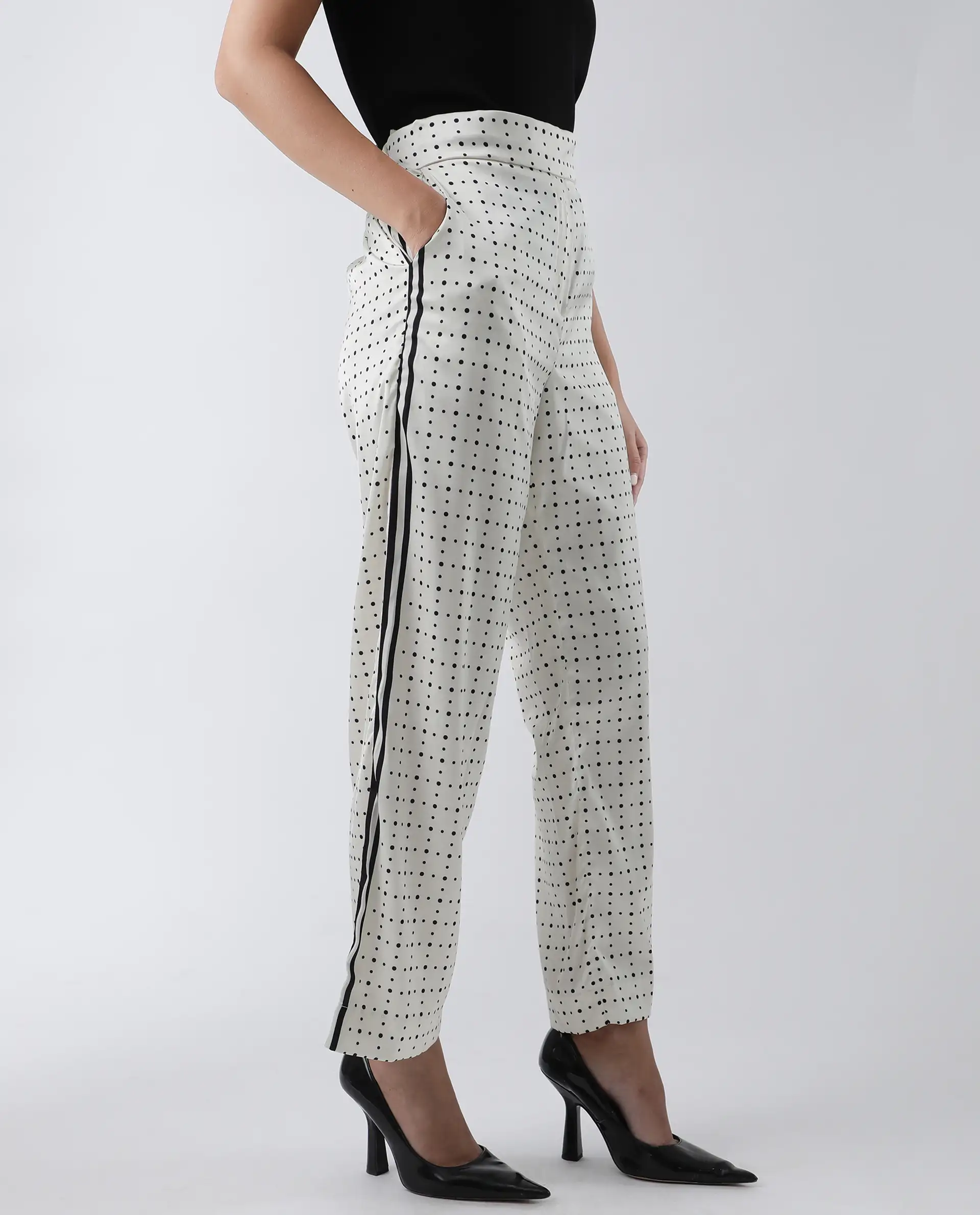 Rareism Women's Dales Beige Polyester Polka Print Ankle Length Tailored Trouser - Image 6