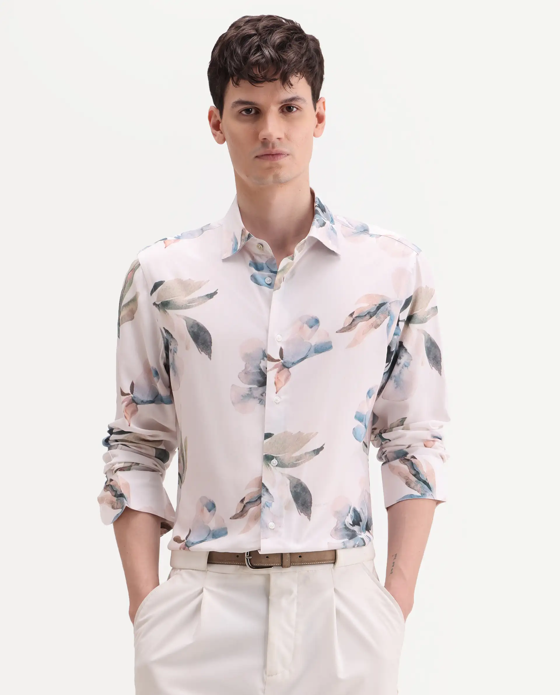 Rare Rabbit Men's Dali Off White Viscose Fabric Full Sleeve Regular Fit Floral Print Shirt - Image 4
