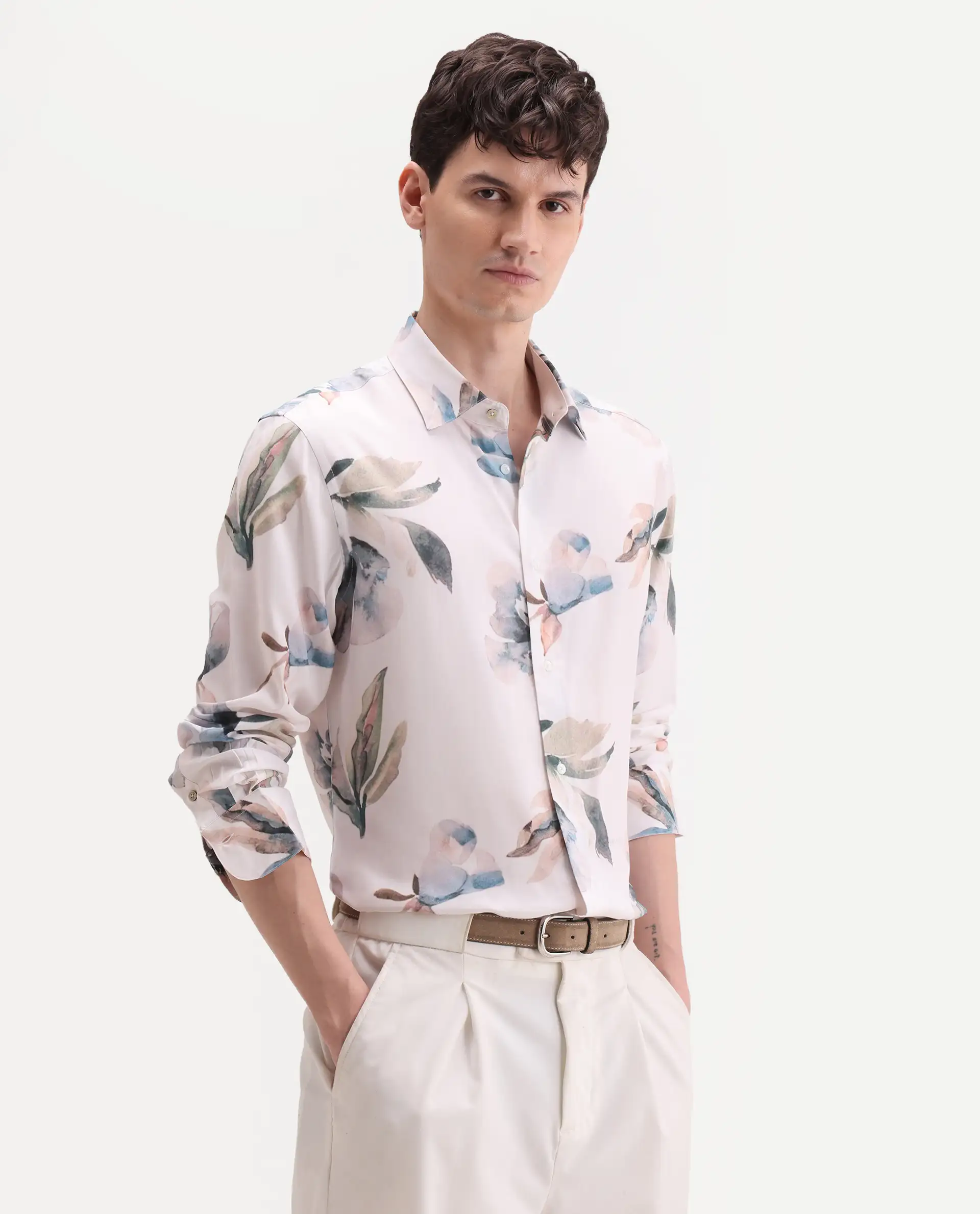 Rare Rabbit Men's Dali Off White Viscose Fabric Full Sleeve Regular Fit Floral Print Shirt - Image 6