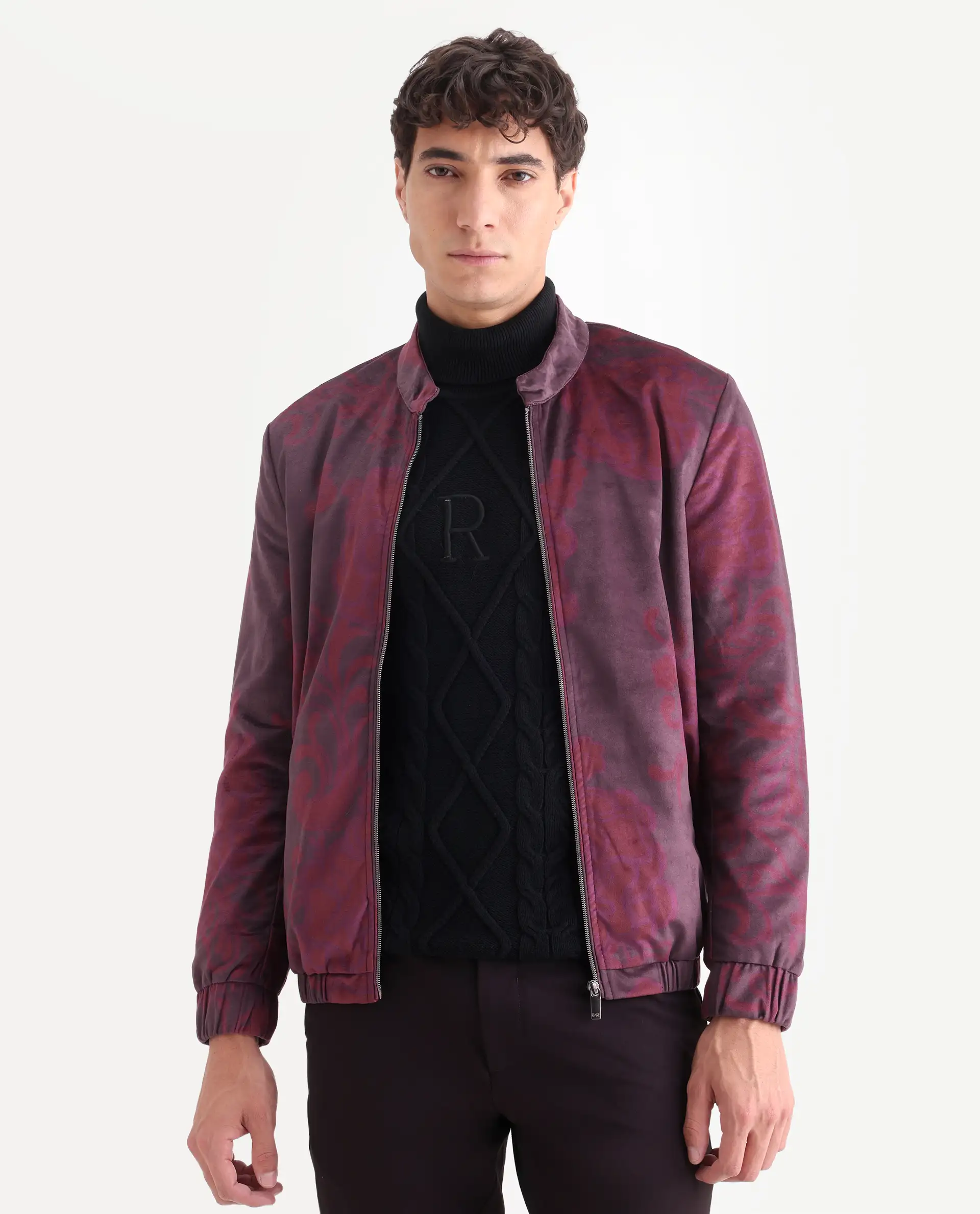 Rare Rabbit Men's Dalia Dark Maroon Polyester Paisley Print Regular Fit Full Sleeve Mandarin Collar Jacket - Image 3