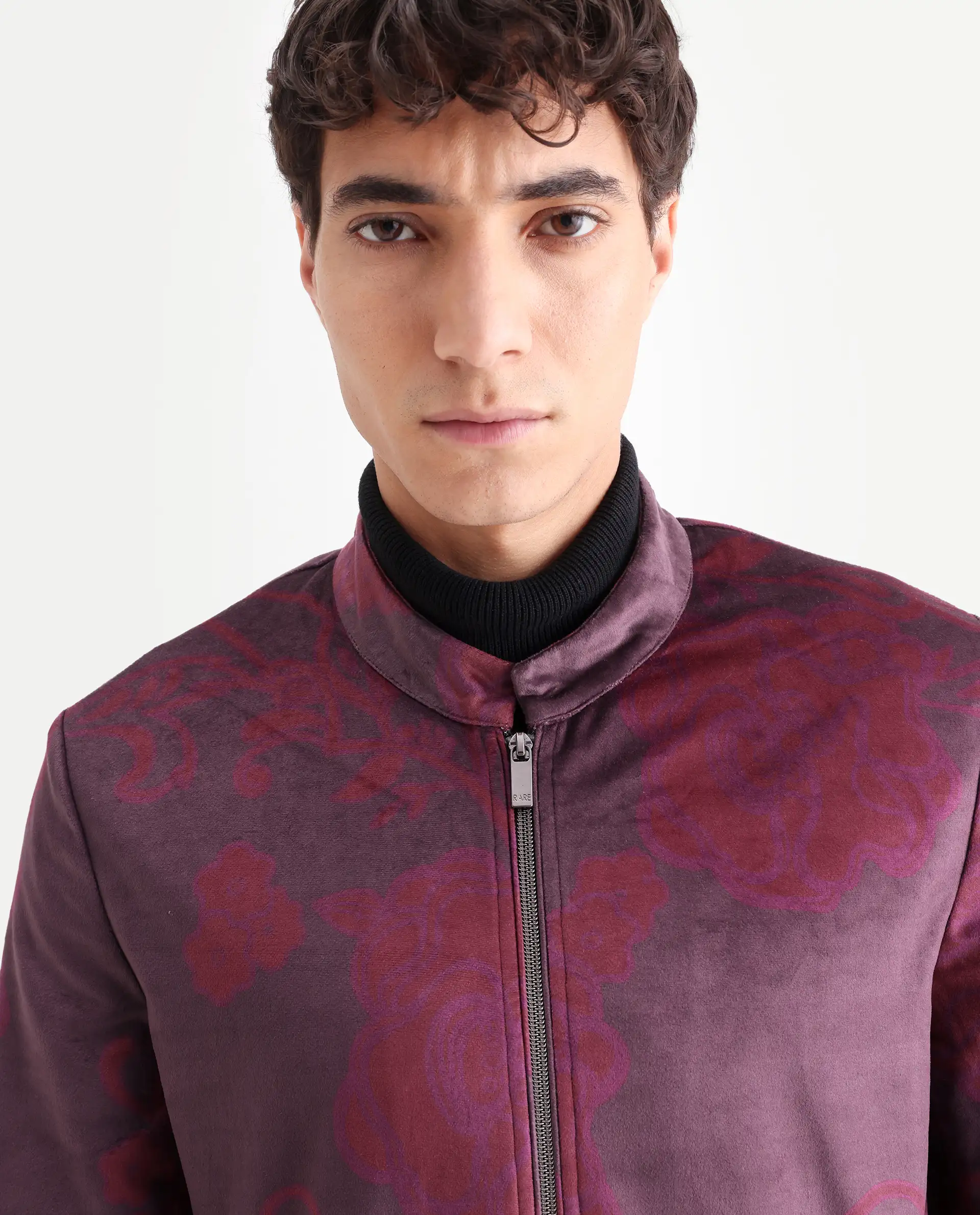 Rare Rabbit Men's Dalia Dark Maroon Polyester Paisley Print Regular Fit Full Sleeve Mandarin Collar Jacket - Image 4