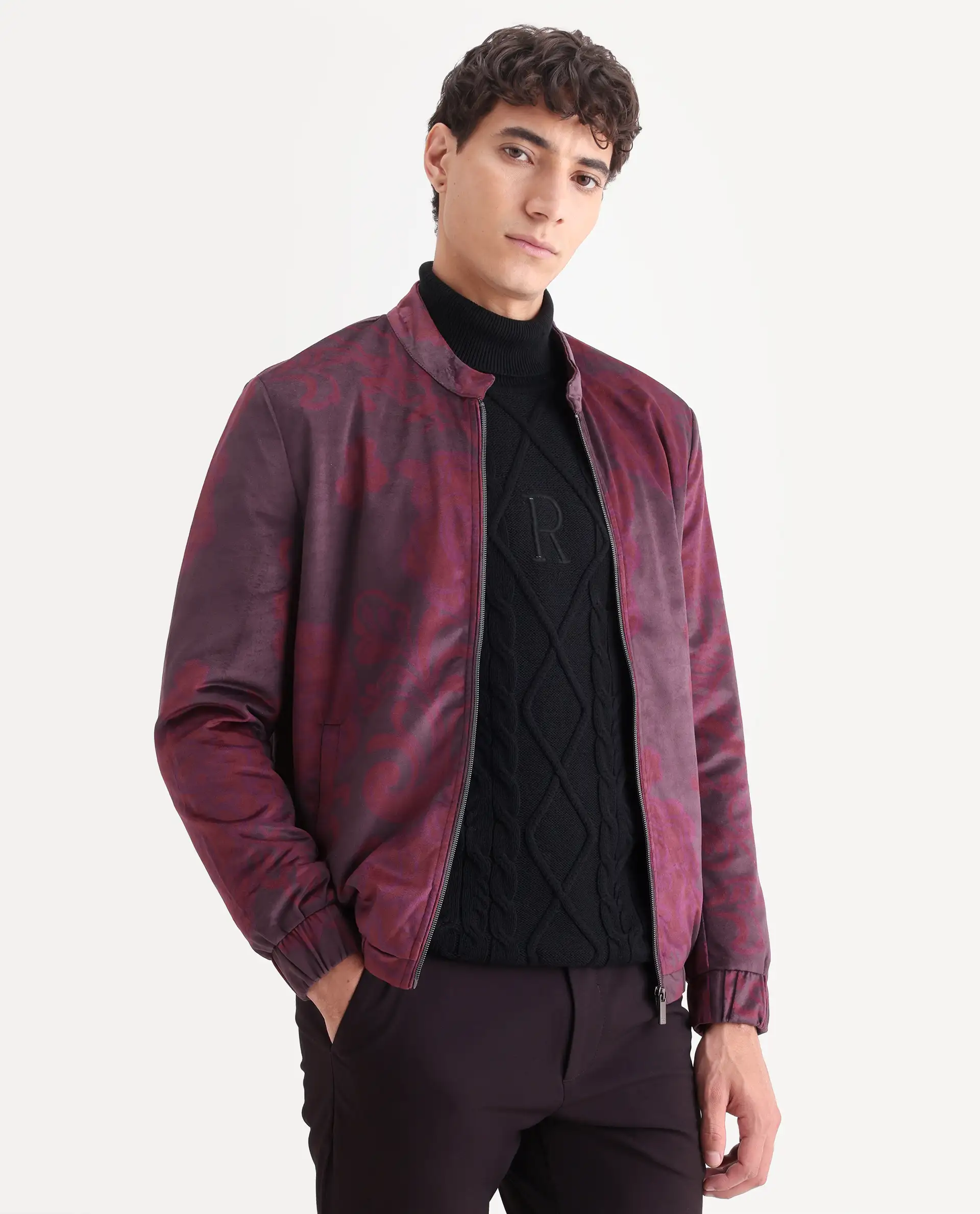 Rare Rabbit Men's Dalia Dark Maroon Polyester Paisley Print Regular Fit Full Sleeve Mandarin Collar Jacket - Image 5