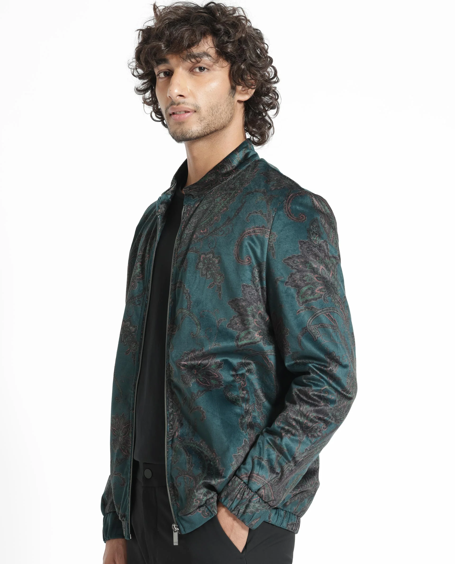 Rare Rabbit Men's Dalia Dark Teal Polyester Paisley Print Regular Fit Full Sleeve Mandarin Collar Jacket - Image 11
