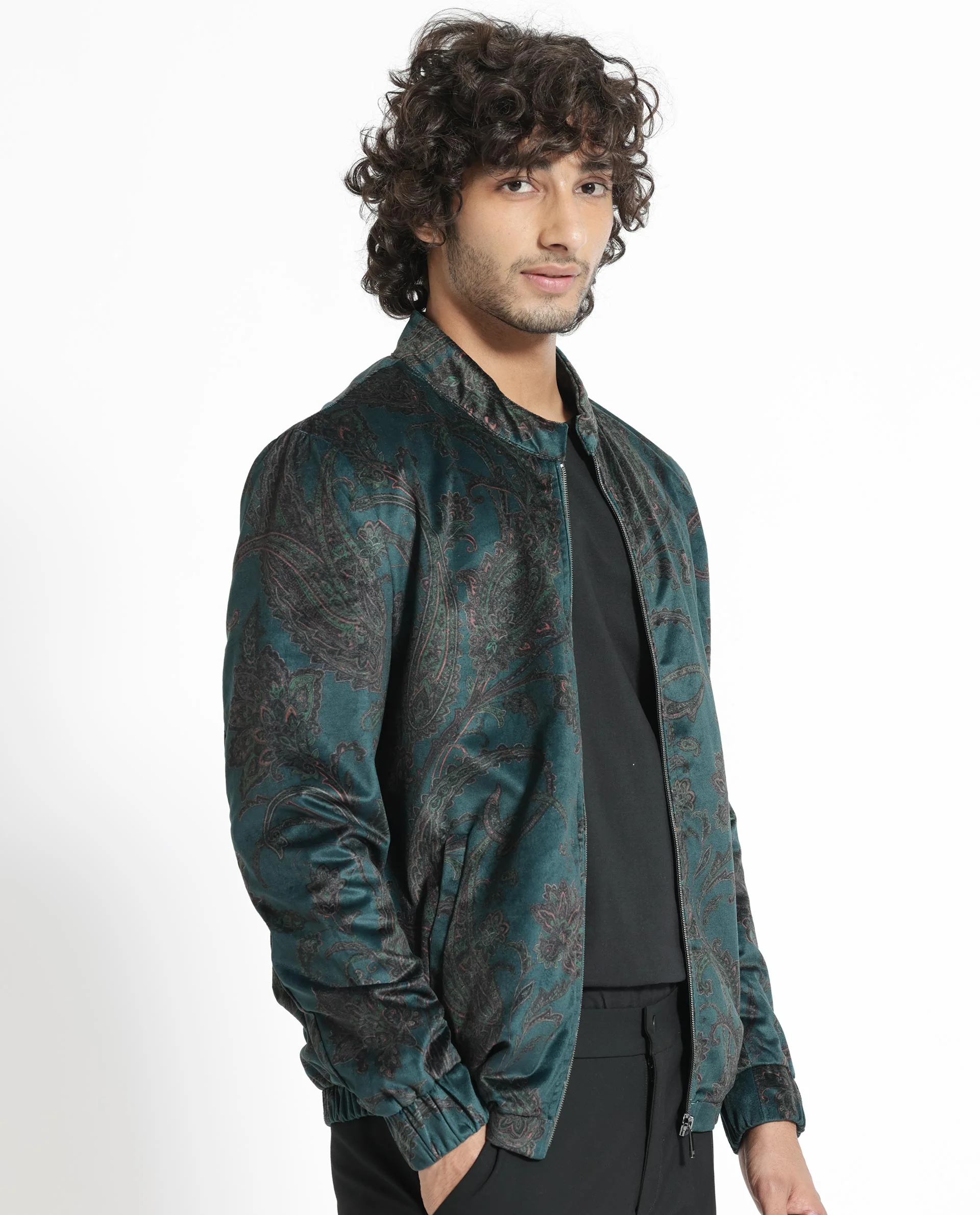 Rare Rabbit Men's Dalia Dark Teal Polyester Paisley Print Regular Fit Full Sleeve Mandarin Collar Jacket - Image 12