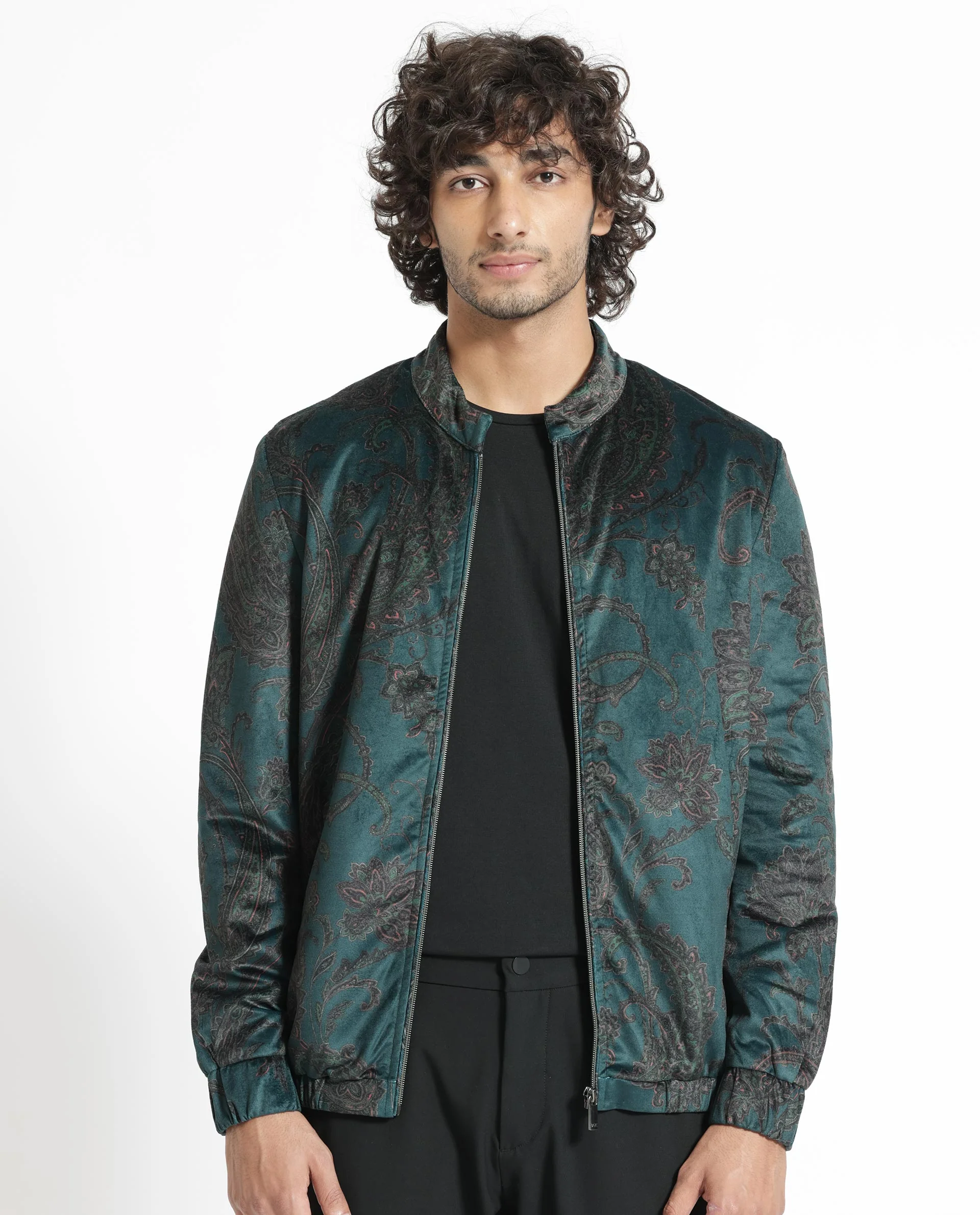 Rare Rabbit Men's Dalia Dark Teal Polyester Paisley Print Regular Fit Full Sleeve Mandarin Collar Jacket - Image 13