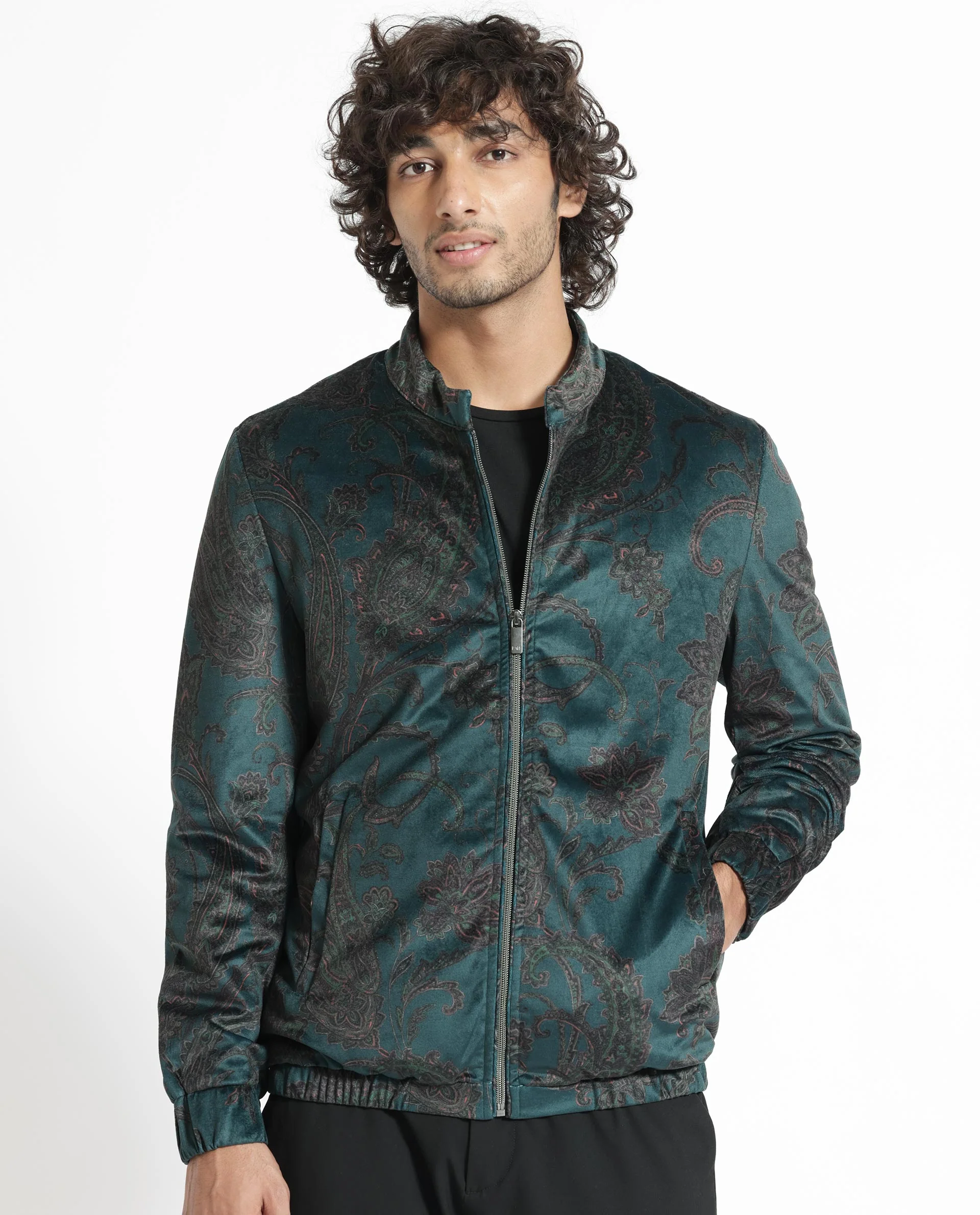 Rare Rabbit Men's Dalia Dark Teal Polyester Paisley Print Regular Fit Full Sleeve Mandarin Collar Jacket - Image 2