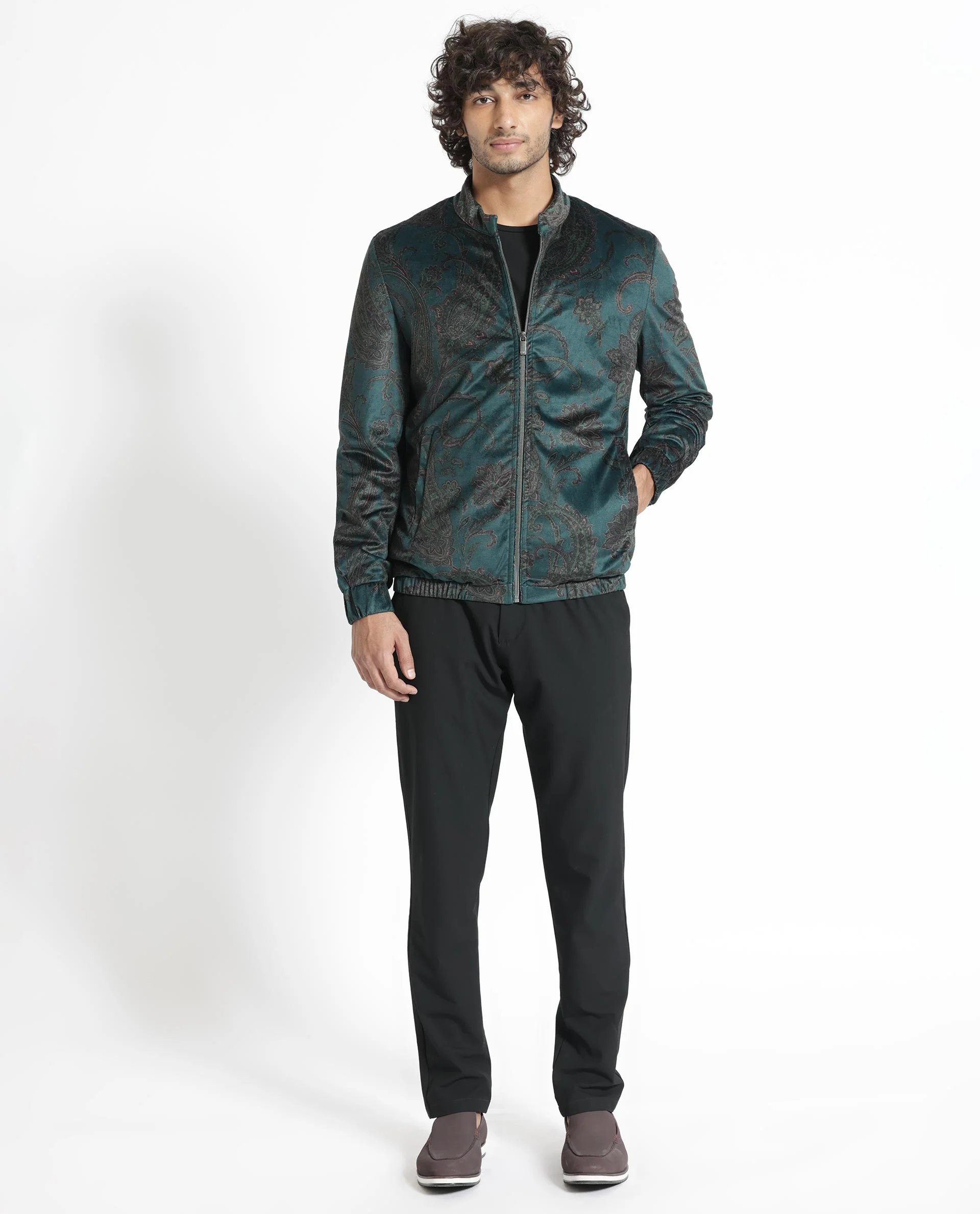 Rare Rabbit Men's Dalia Dark Teal Polyester Paisley Print Regular Fit Full Sleeve Mandarin Collar Jacket - Image 3