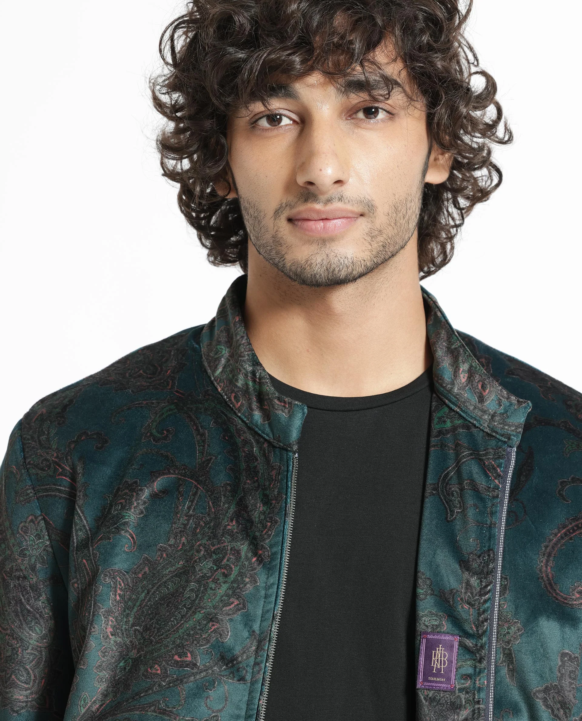 Rare Rabbit Men's Dalia Dark Teal Polyester Paisley Print Regular Fit Full Sleeve Mandarin Collar Jacket - Image 4