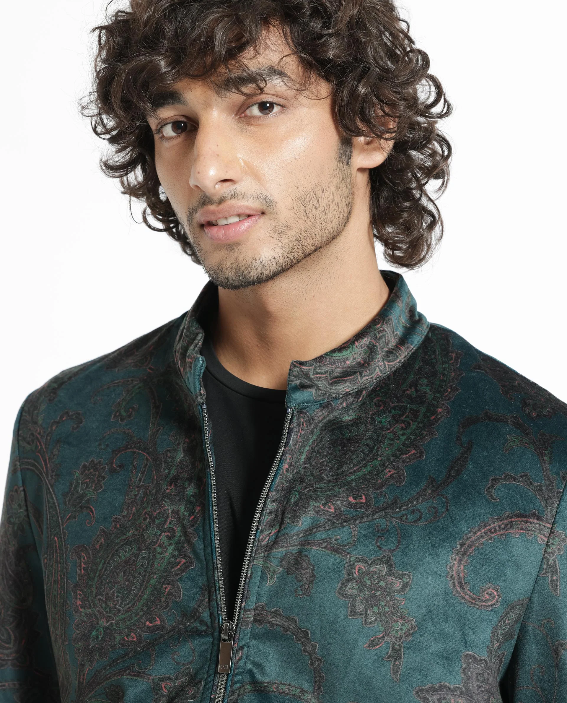 Rare Rabbit Men's Dalia Dark Teal Polyester Paisley Print Regular Fit Full Sleeve Mandarin Collar Jacket - Image 5