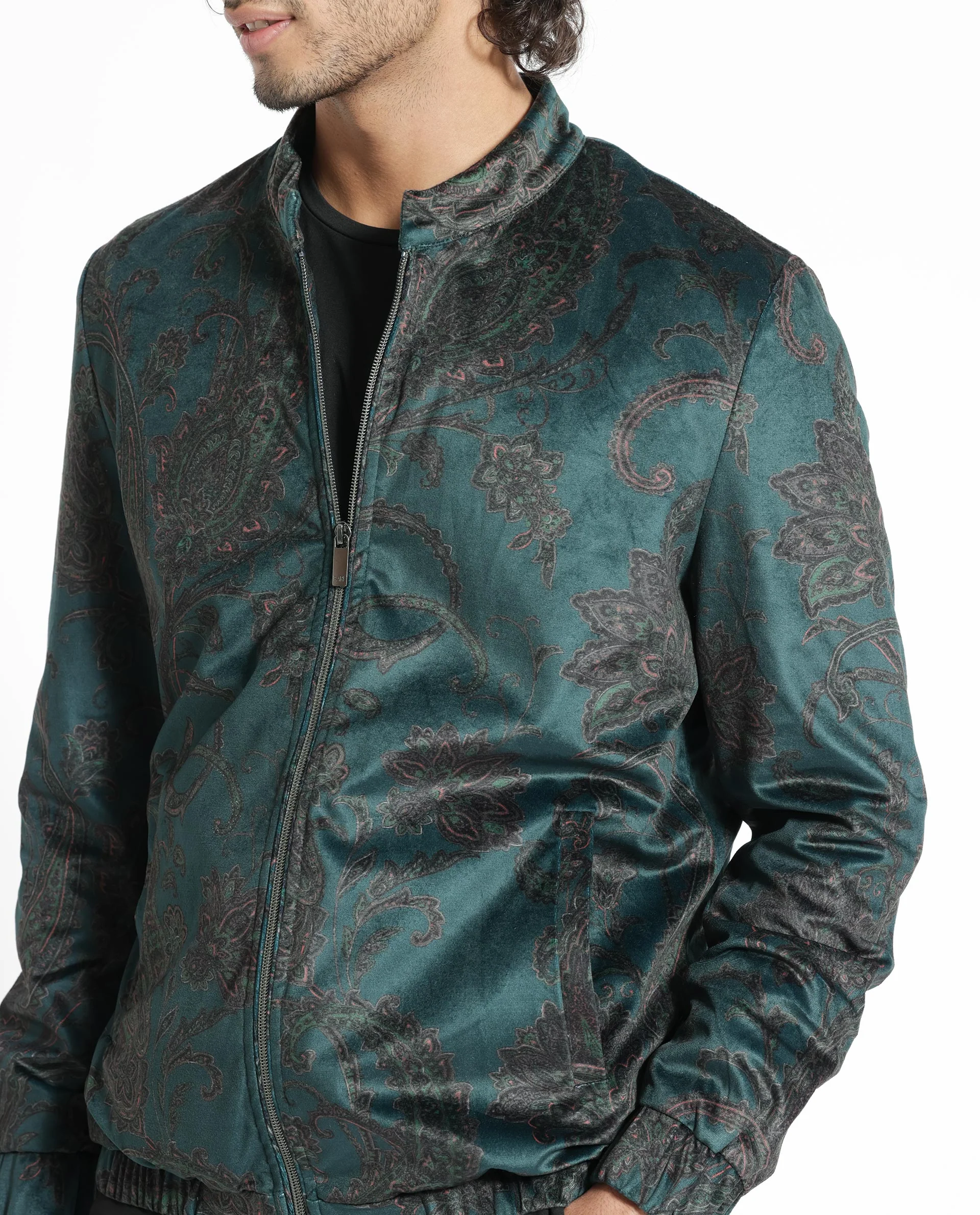 Rare Rabbit Men's Dalia Dark Teal Polyester Paisley Print Regular Fit Full Sleeve Mandarin Collar Jacket - Image 6