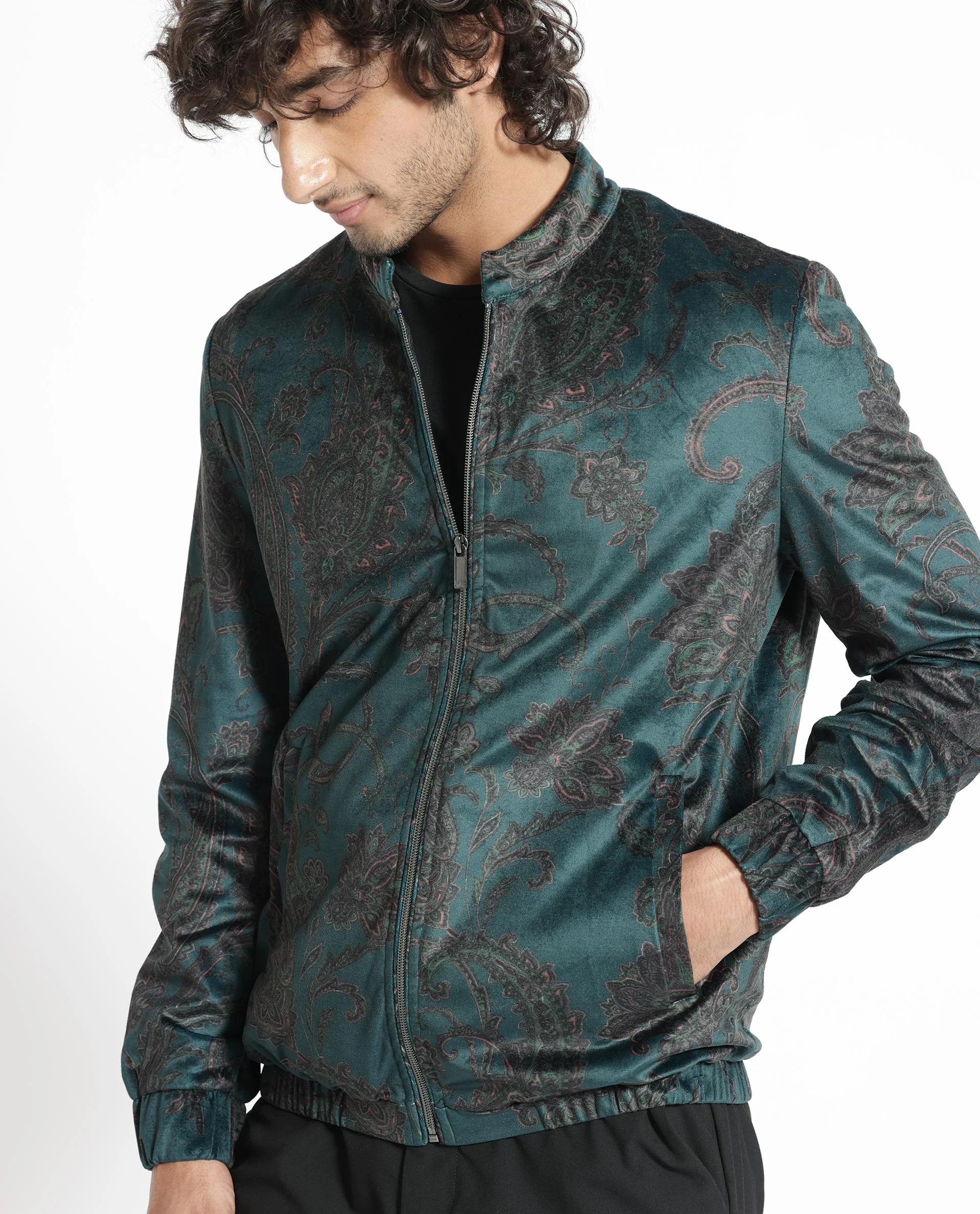 Rare Rabbit Men's Dalia Dark Teal Polyester Paisley Print Regular Fit Full Sleeve Mandarin Collar Jacket - Image 7