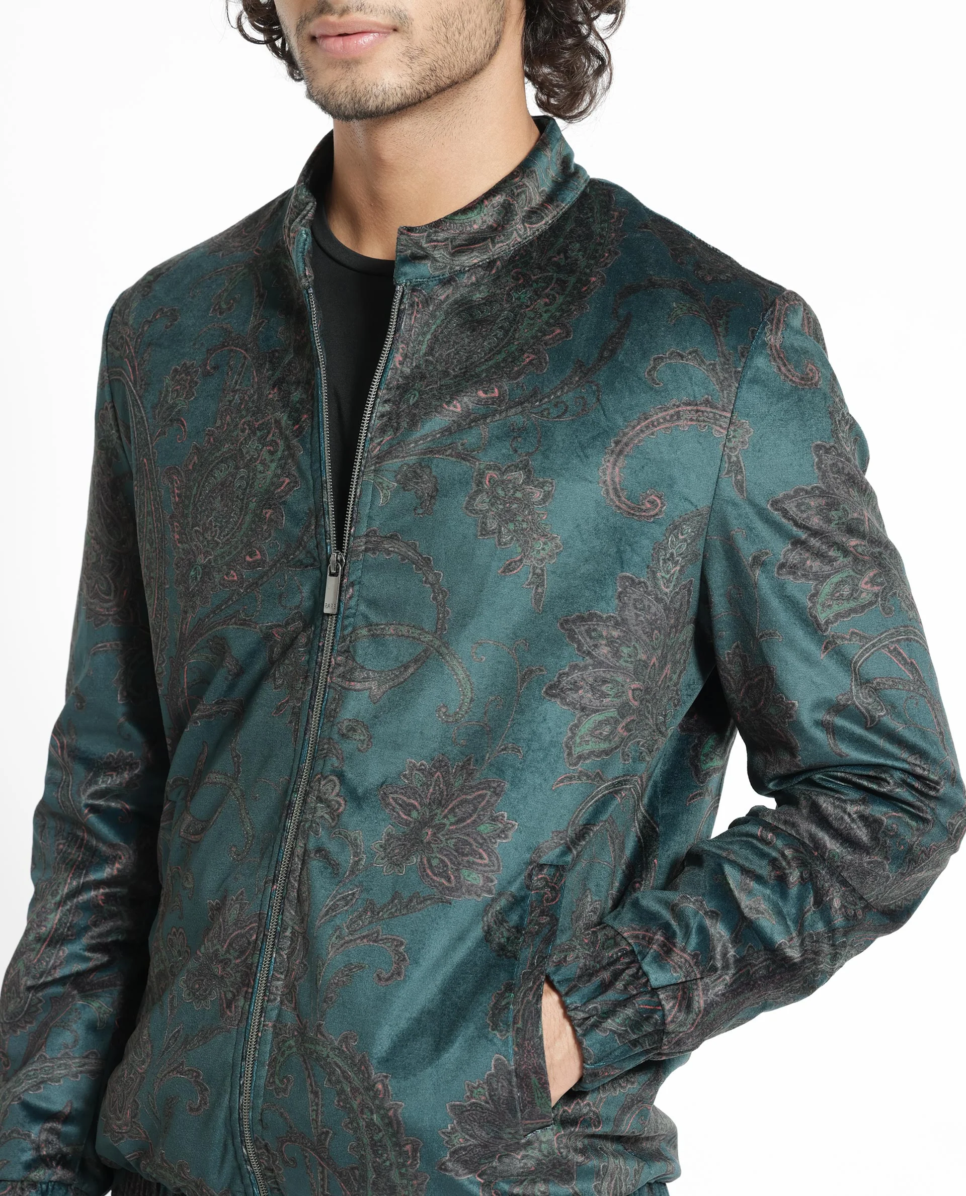 Rare Rabbit Men's Dalia Dark Teal Polyester Paisley Print Regular Fit Full Sleeve Mandarin Collar Jacket - Image 8