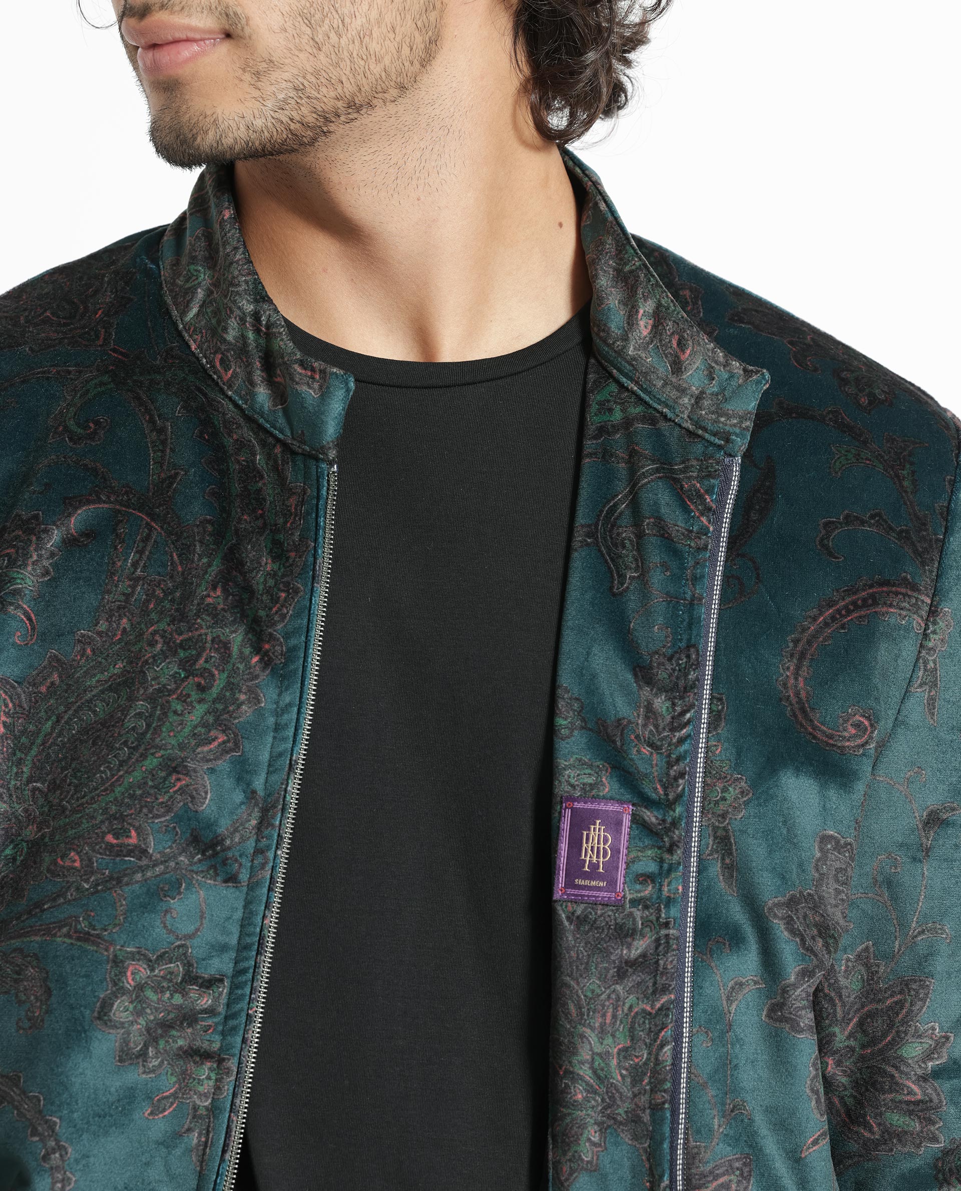 Rare Rabbit Men's Dalia Dark Teal Polyester Paisley Print Regular Fit Full Sleeve Mandarin Collar Jacket - Image 9