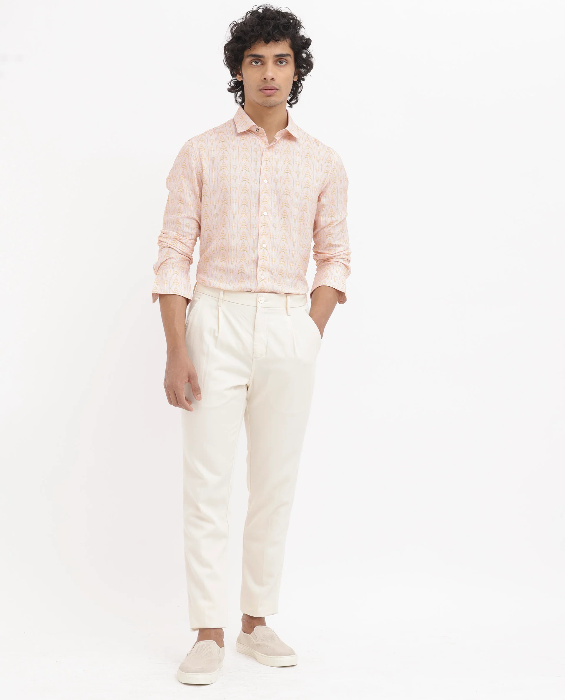 Rare Rabbit Men's Dalime Pastel Pink Viscose Geometric Print Regular Fit Full Sleeve Collared Shirt - Image 2