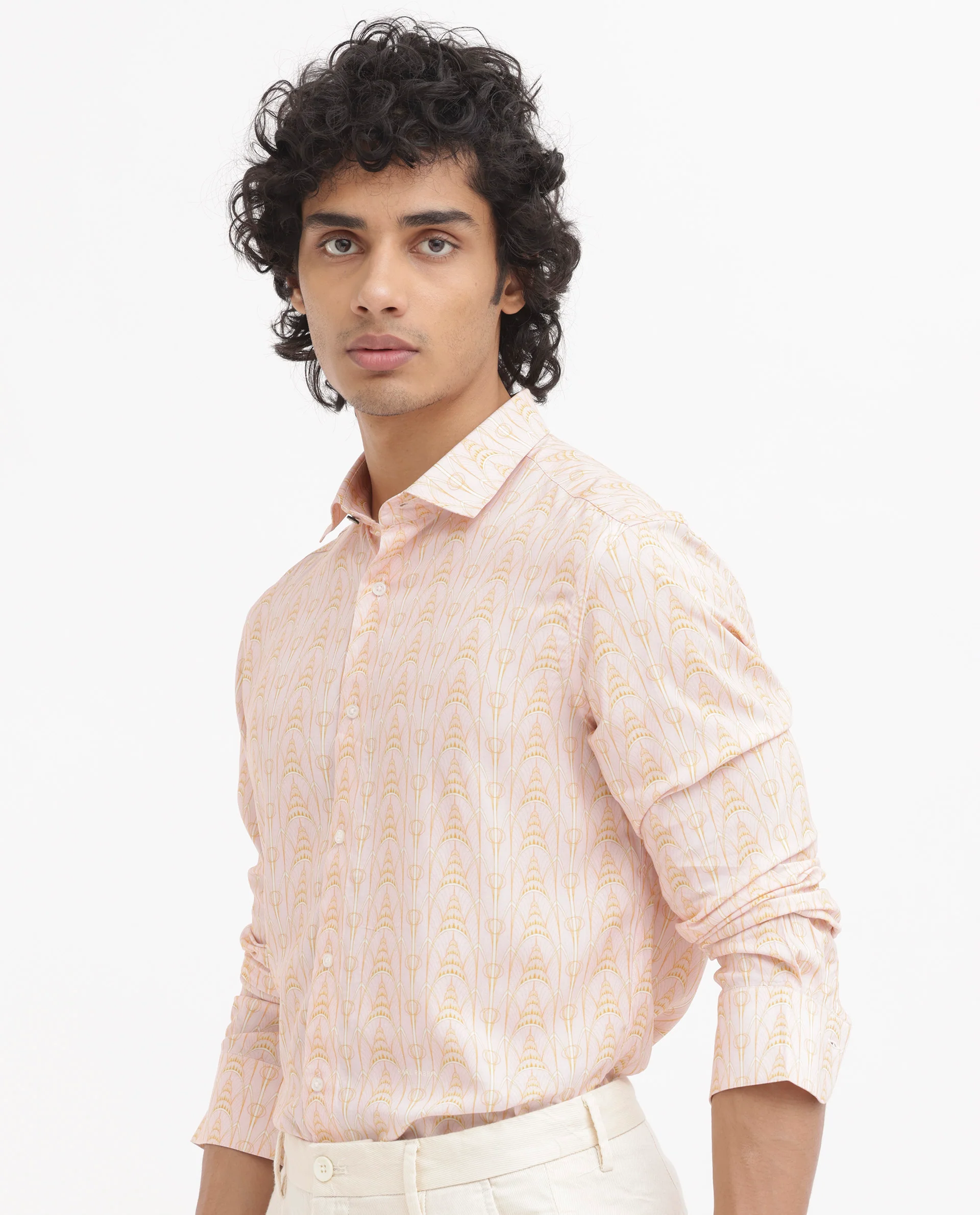 Rare Rabbit Men's Dalime Pastel Pink Viscose Geometric Print Regular Fit Full Sleeve Collared Shirt - Image 3