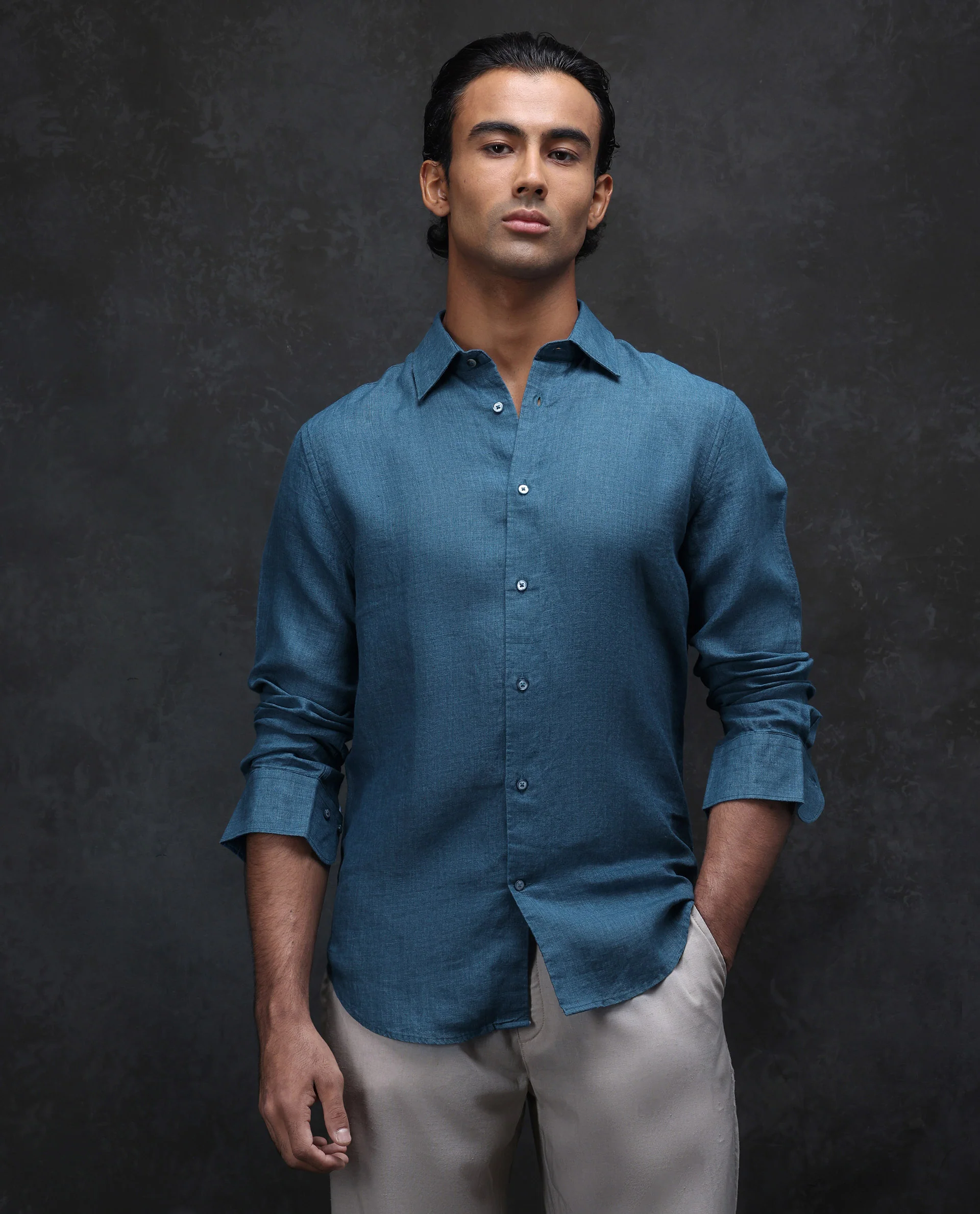 Rare Rabbit Men's Dalin Blue 100% Linen Plain Regular Fit Full Sleeve Collared Shirt