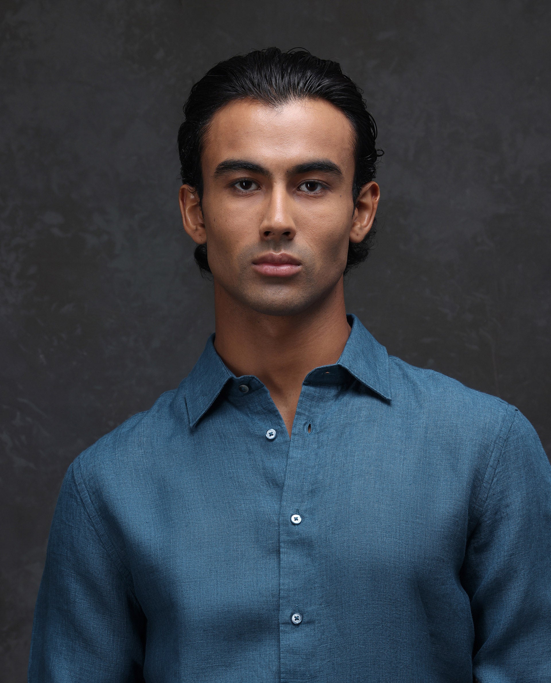 Rare Rabbit Men's Dalin Blue 100% Linen Plain Regular Fit Full Sleeve Collared Shirt - Image 2