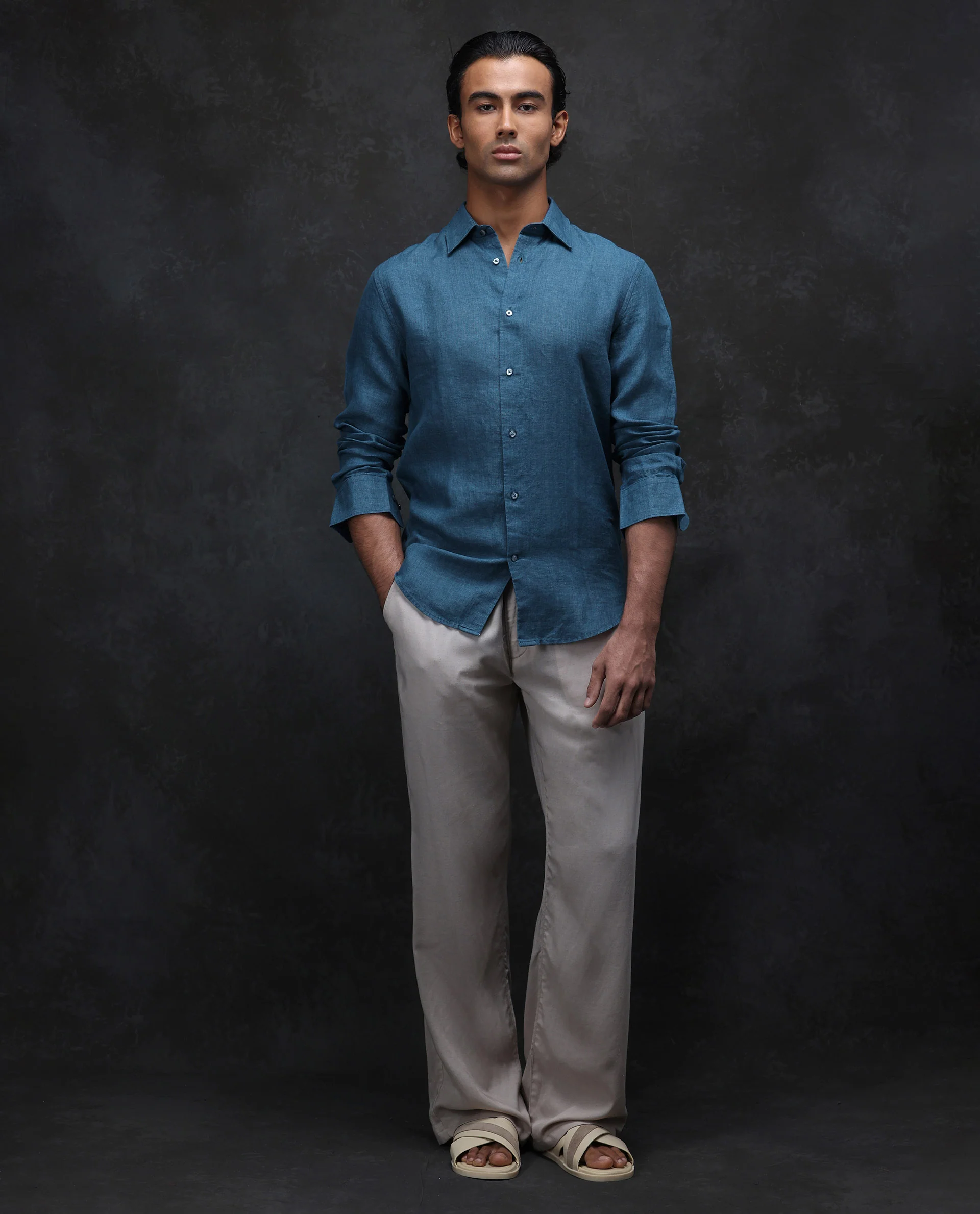 Rare Rabbit Men's Dalin Blue 100% Linen Plain Regular Fit Full Sleeve Collared Shirt - Image 3