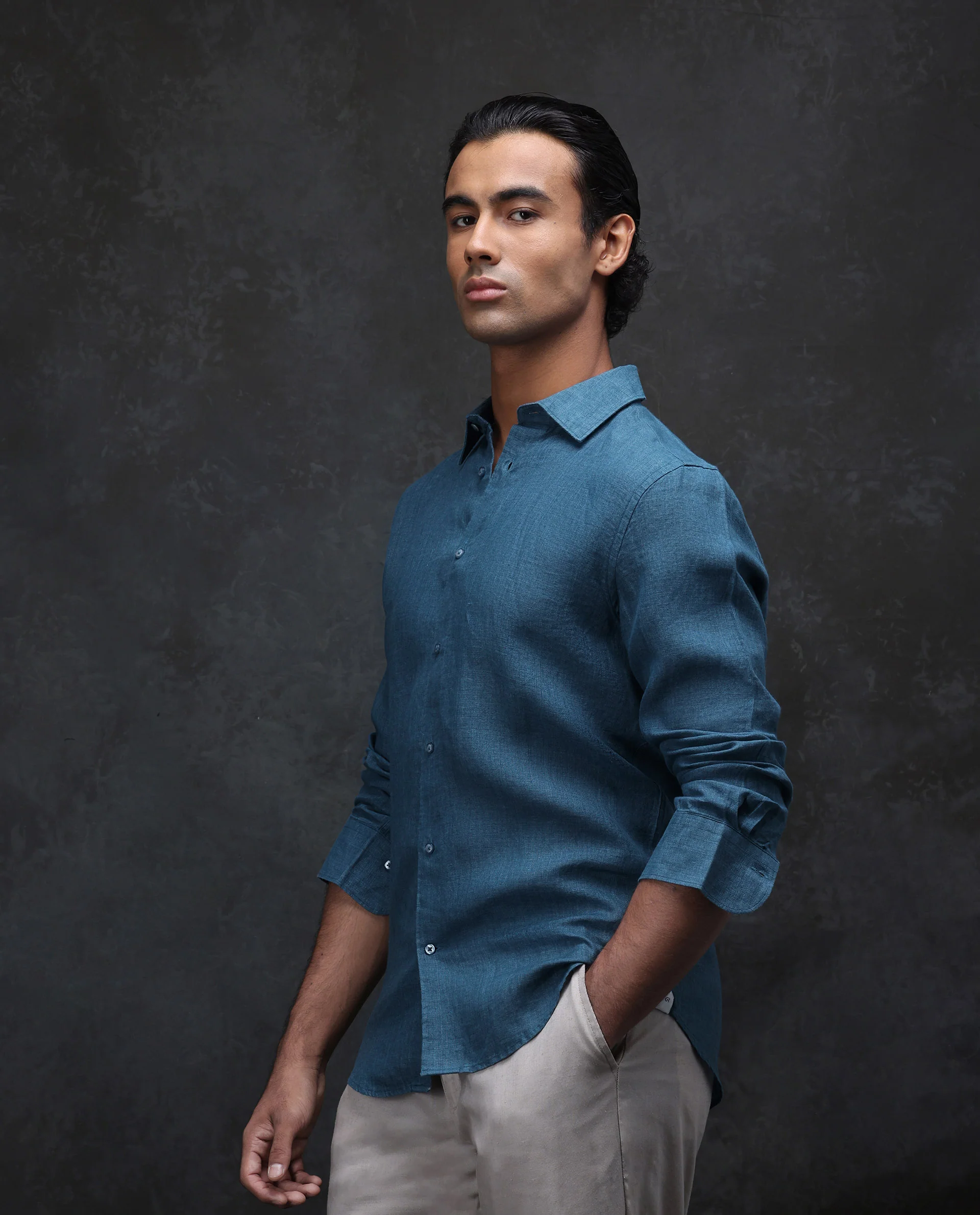 Rare Rabbit Men's Dalin Blue 100% Linen Plain Regular Fit Full Sleeve Collared Shirt - Image 4