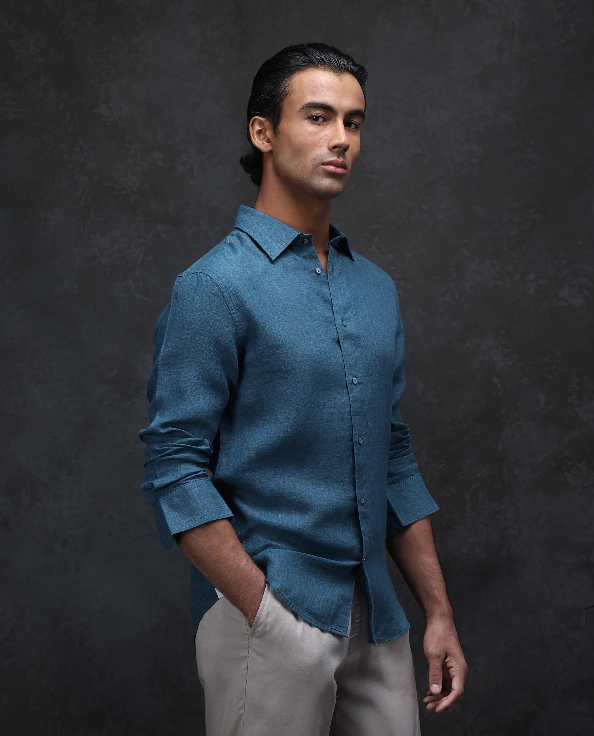 Rare Rabbit Men's Dalin Blue 100% Linen Plain Regular Fit Full Sleeve Collared Shirt - Image 5