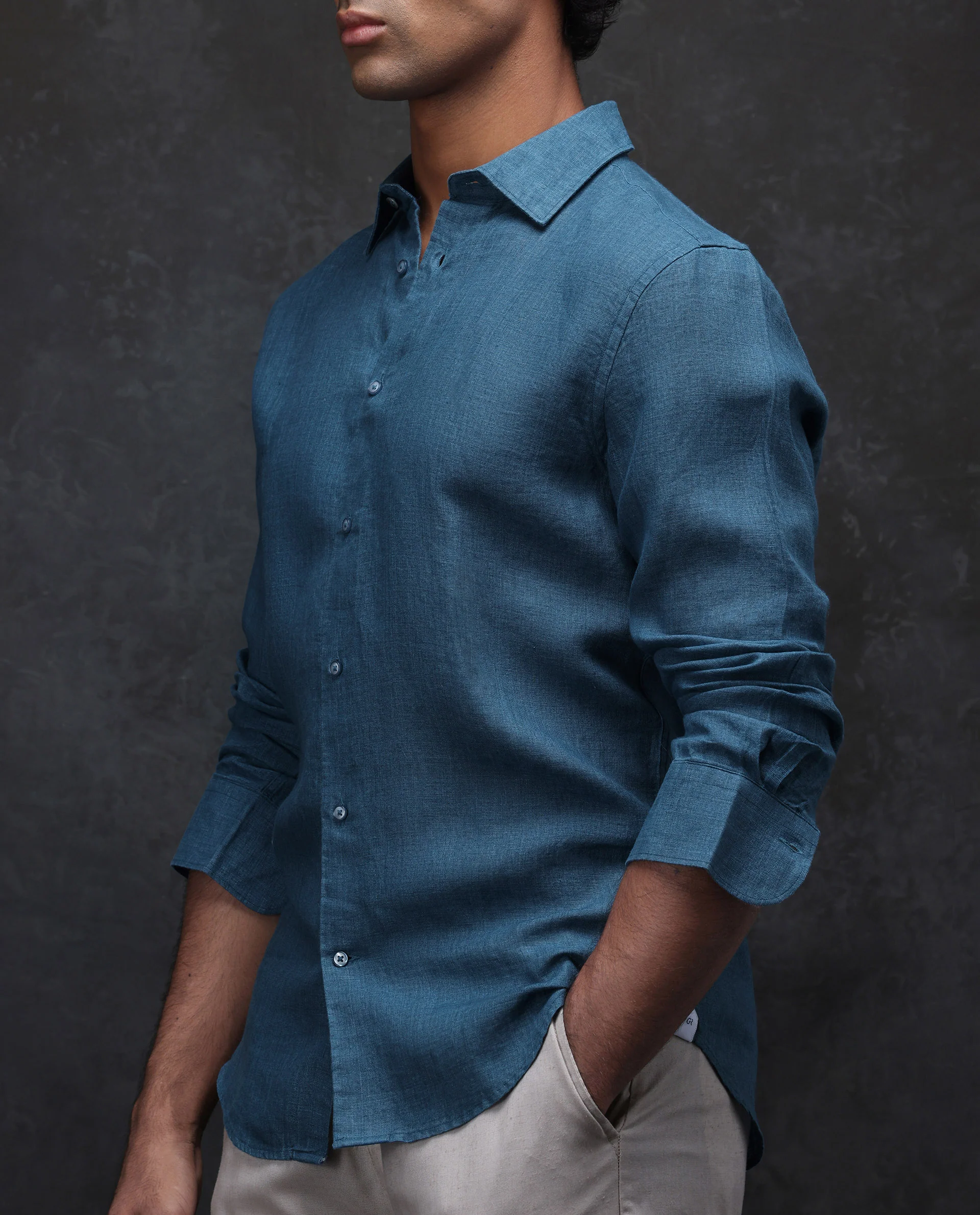 Rare Rabbit Men's Dalin Blue 100% Linen Plain Regular Fit Full Sleeve Collared Shirt - Image 6