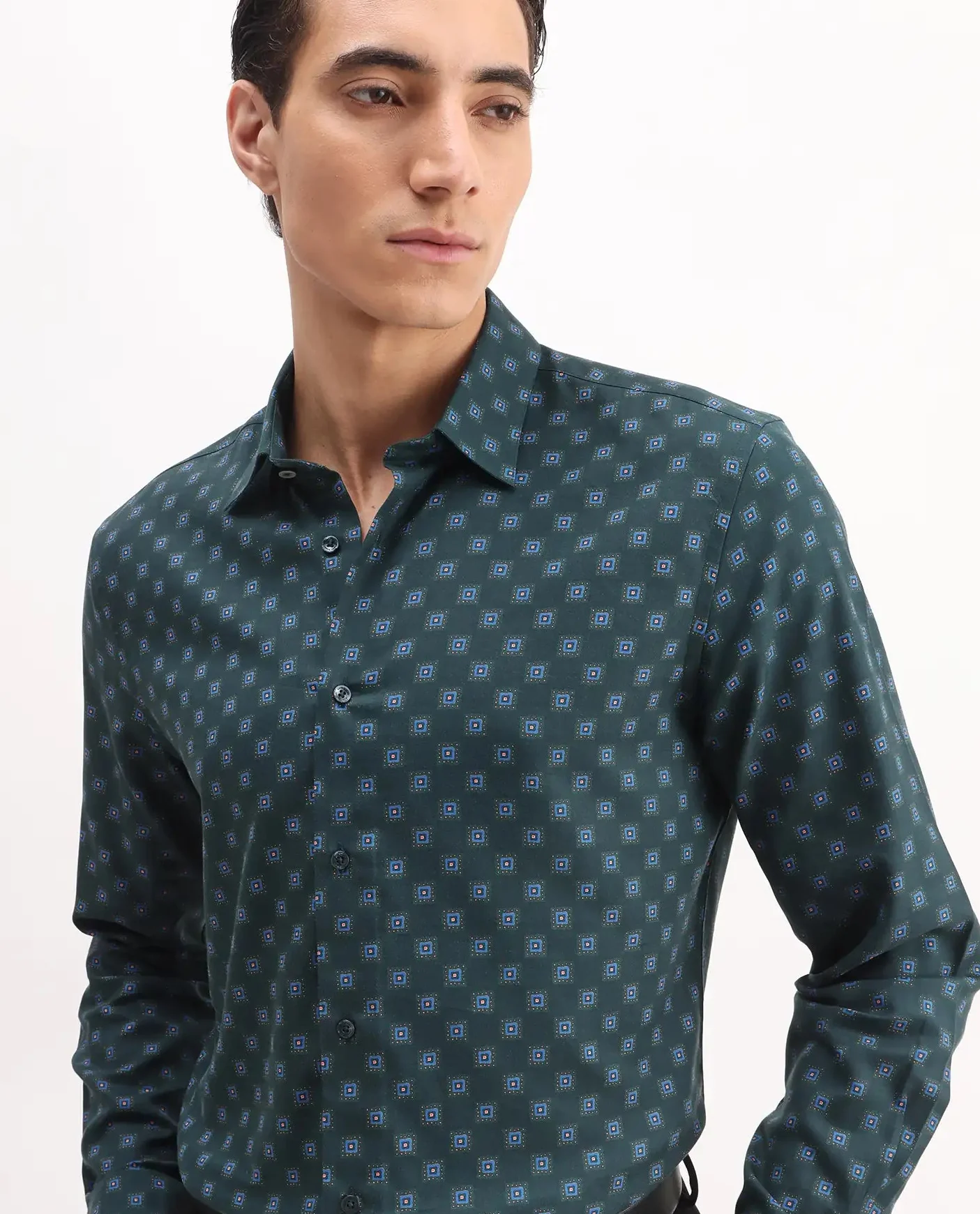 Rare Rabbit Men's Dalk Green Cotton Blend Geometric Print Regular Fit Full Sleeve Collared Shirt - Image 2