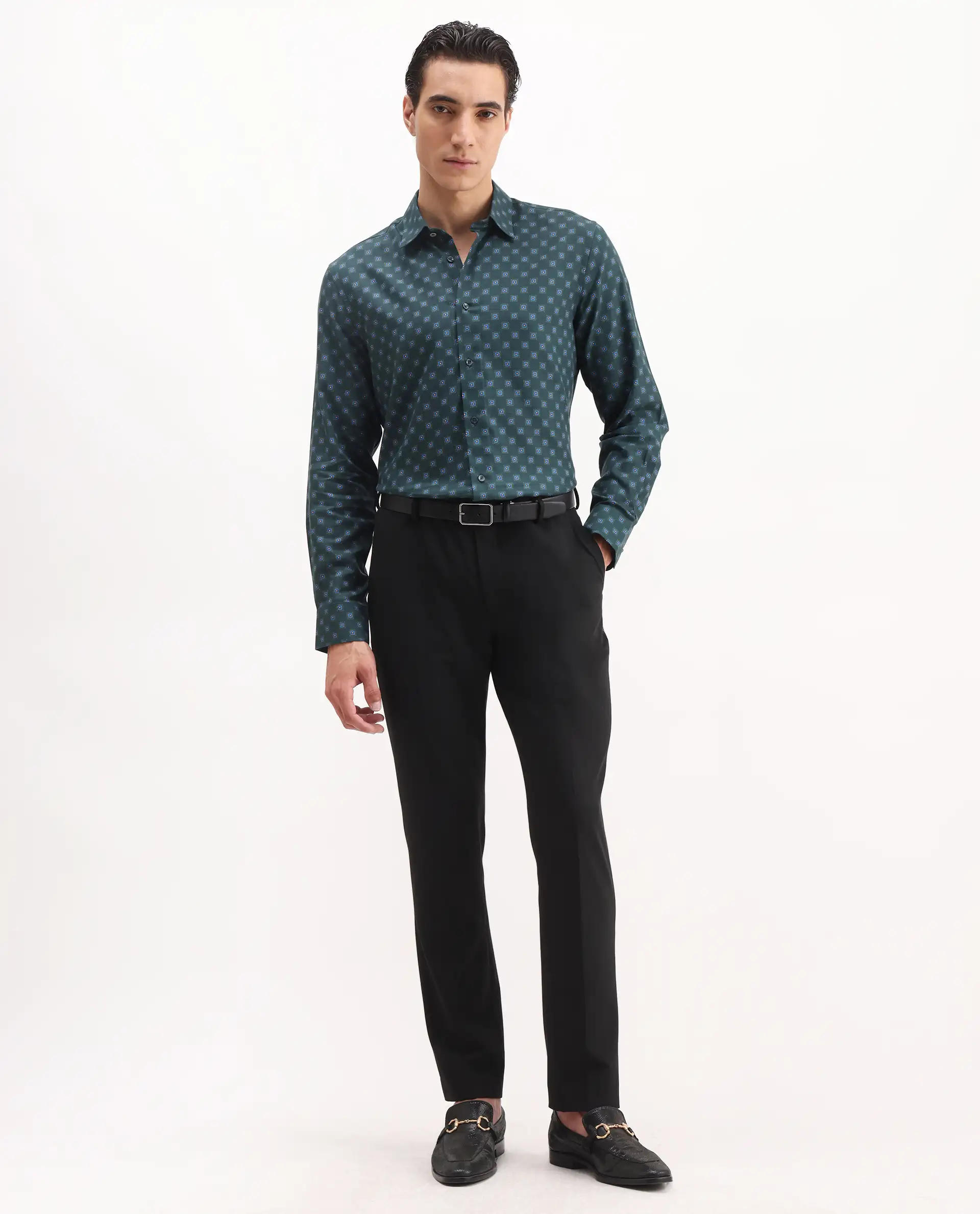 Rare Rabbit Men's Dalk Green Cotton Blend Geometric Print Regular Fit Full Sleeve Collared Shirt - Image 3