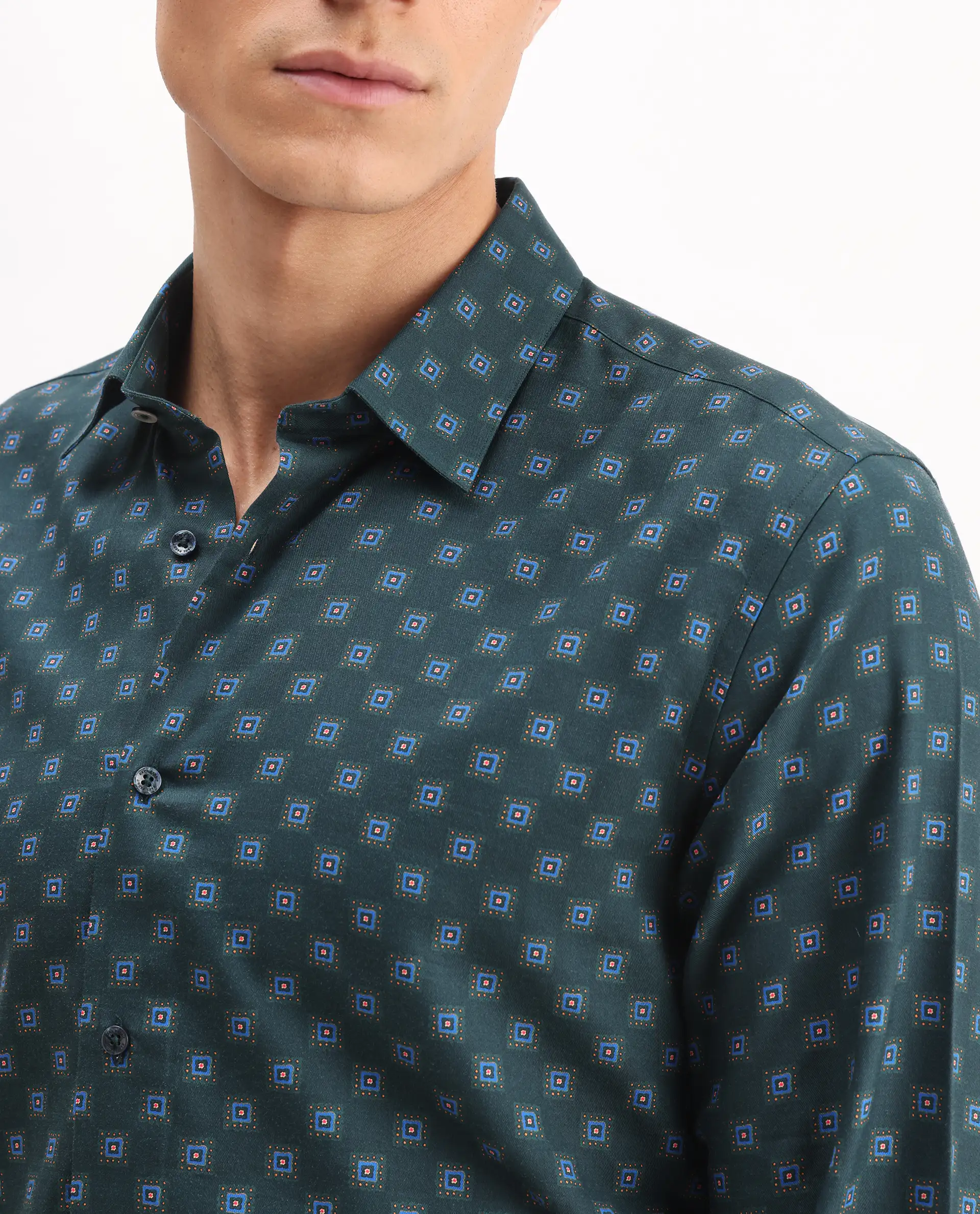 Rare Rabbit Men's Dalk Green Cotton Blend Geometric Print Regular Fit Full Sleeve Collared Shirt - Image 4