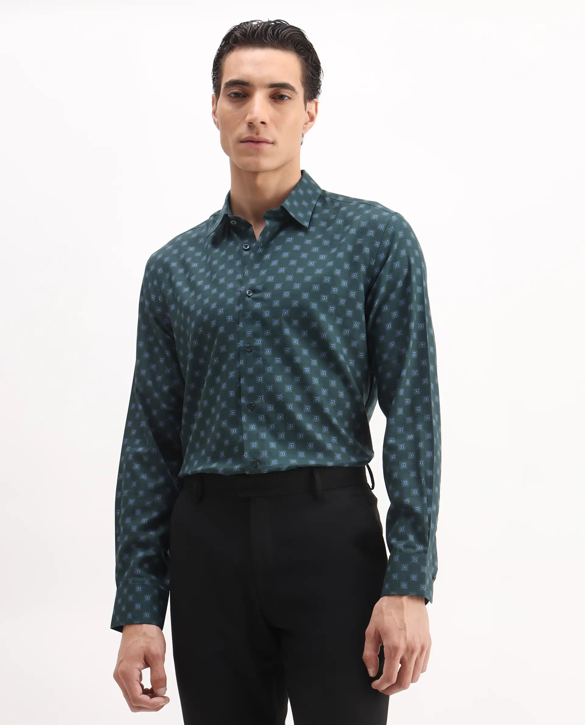 Rare Rabbit Men's Dalk Green Cotton Blend Geometric Print Regular Fit Full Sleeve Collared Shirt - Image 5