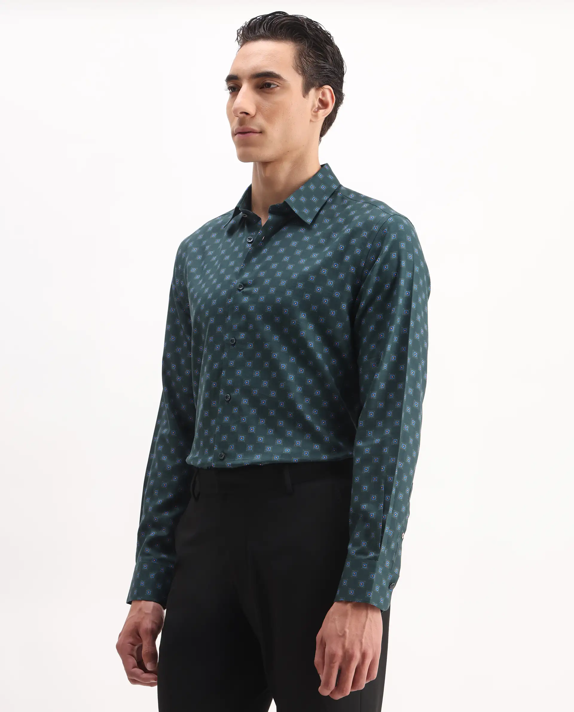 Rare Rabbit Men's Dalk Green Cotton Blend Geometric Print Regular Fit Full Sleeve Collared Shirt - Image 6