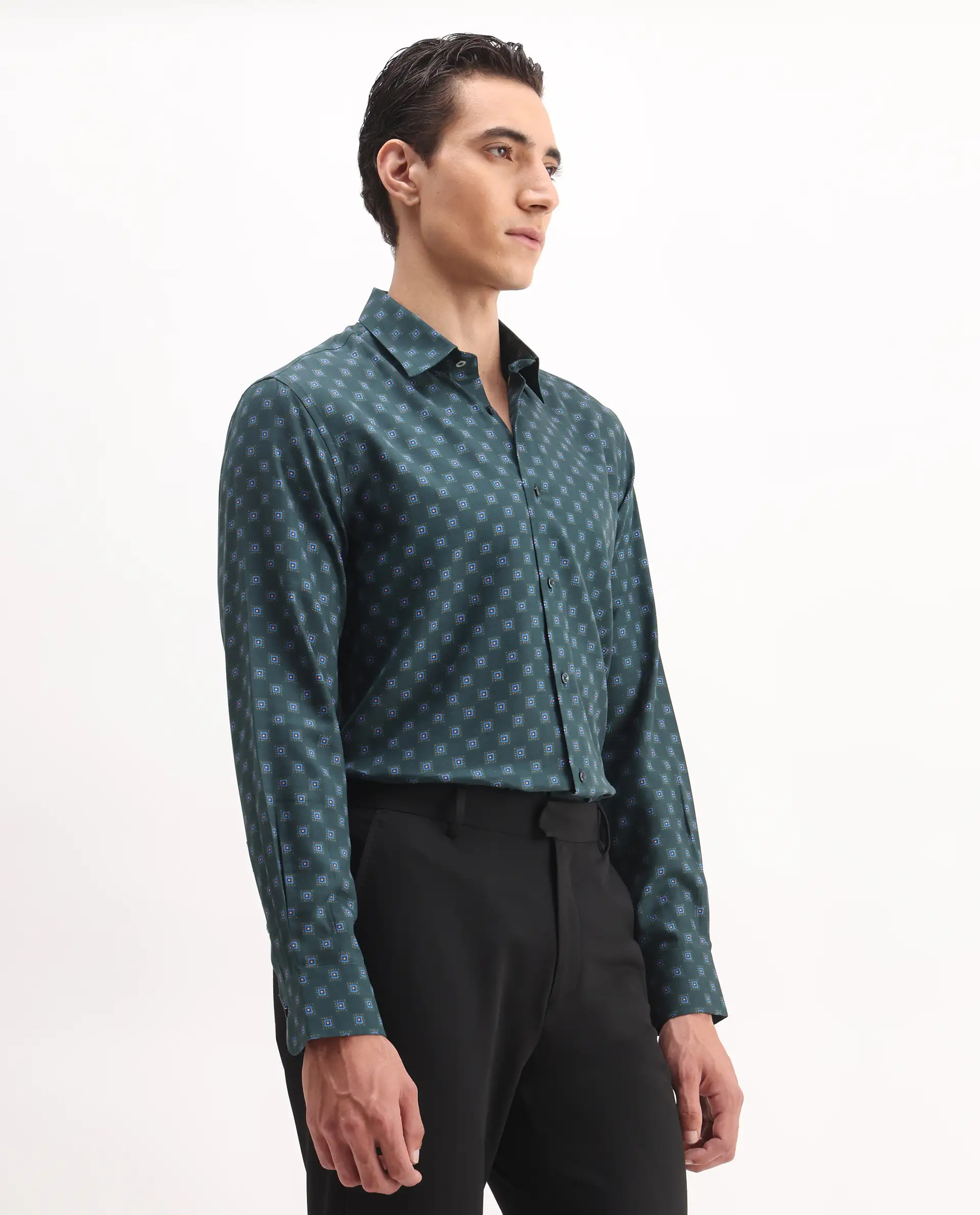 Rare Rabbit Men's Dalk Green Cotton Blend Geometric Print Regular Fit Full Sleeve Collared Shirt - Image 7