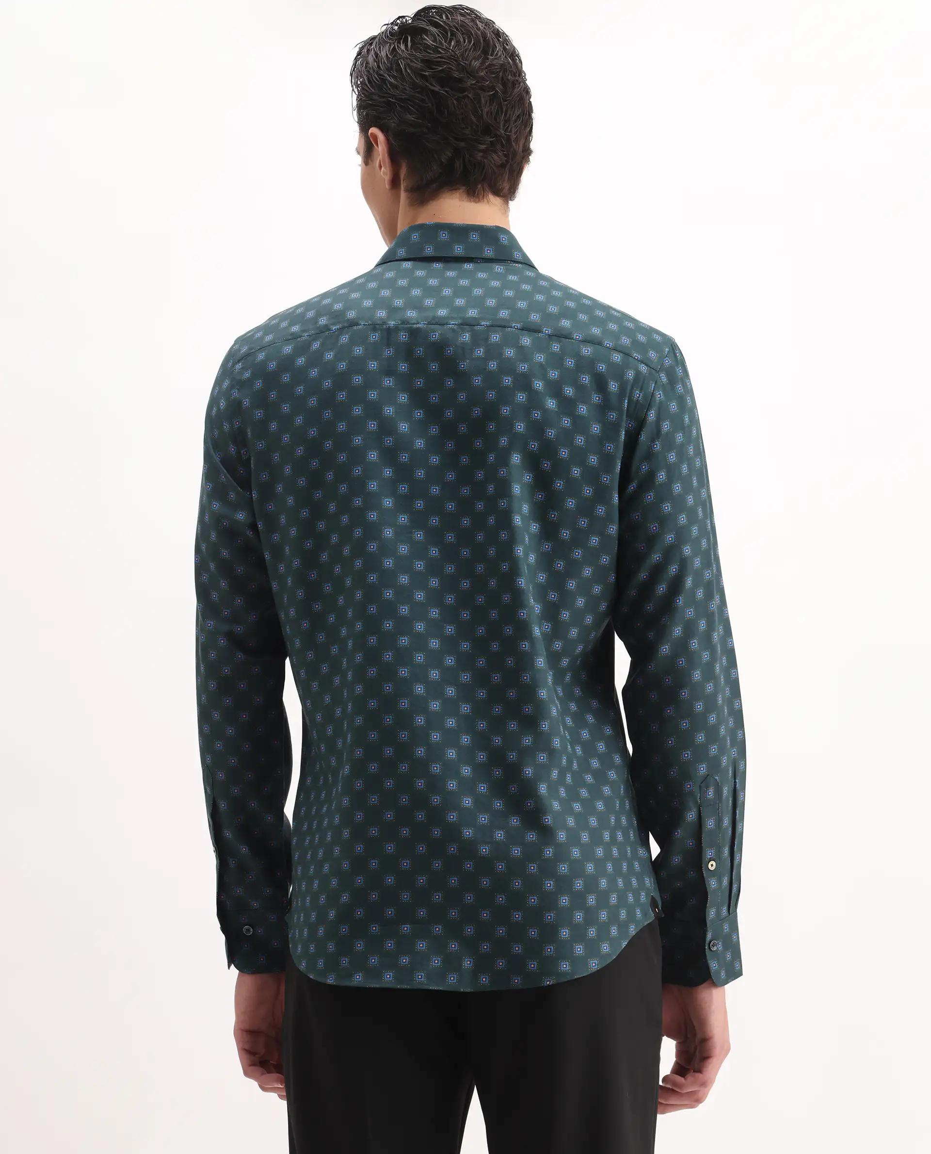 Rare Rabbit Men's Dalk Green Cotton Blend Geometric Print Regular Fit Full Sleeve Collared Shirt - Image 8