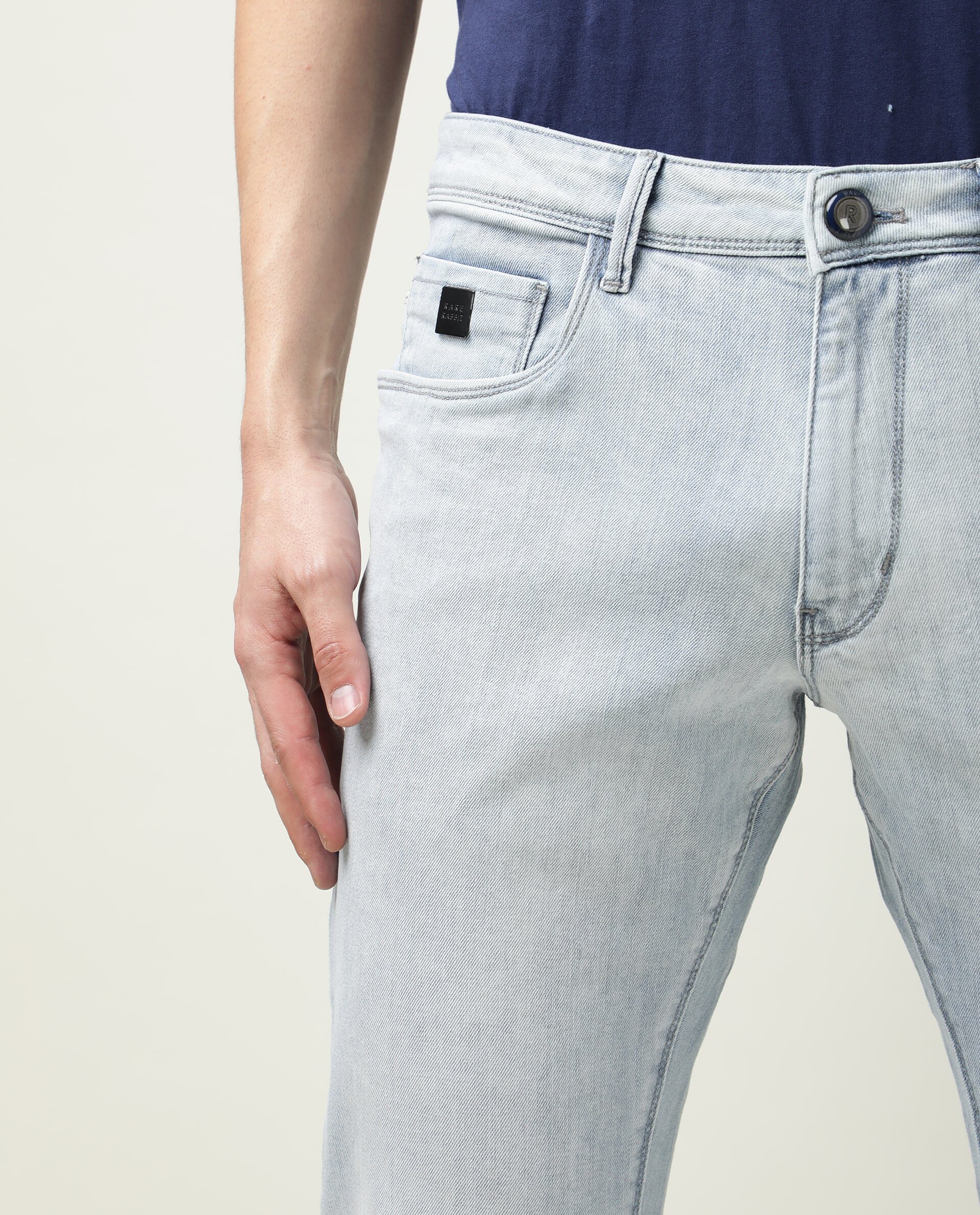 Rare Rabbit Men's Dallas Blue Cotton Plain Hawk Slim Fit Jeans - Image 7