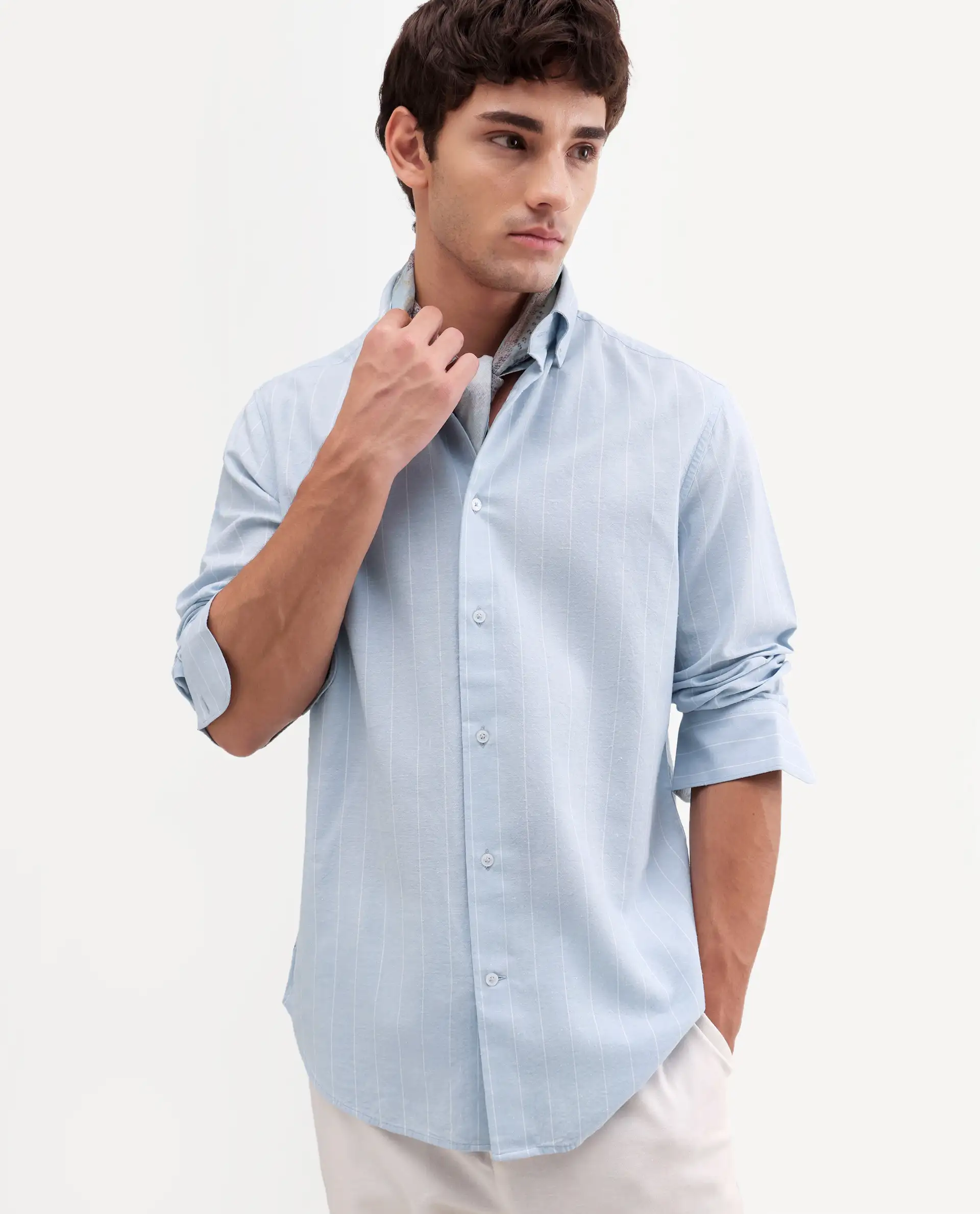 Rare Rabbit Men's Dalti Light Blue Linen Blend Fabric Full Sleeve Spread Collar Button Regular Fit Plain Shirt
